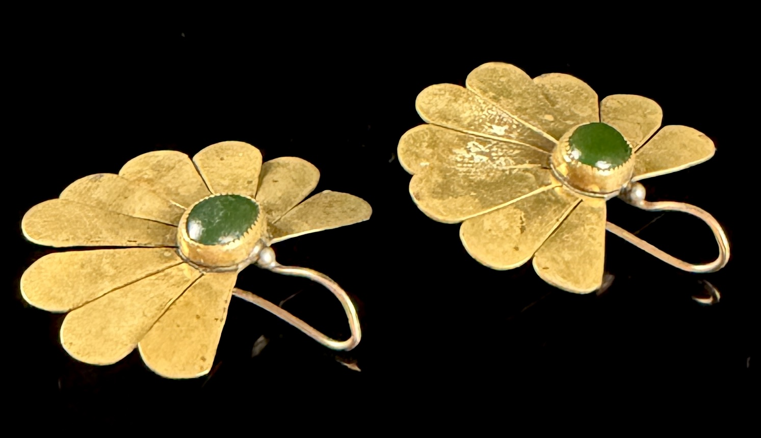 A Pair of Vintage Gold-Toned Modernist Fan Earrings with Green Cabochons