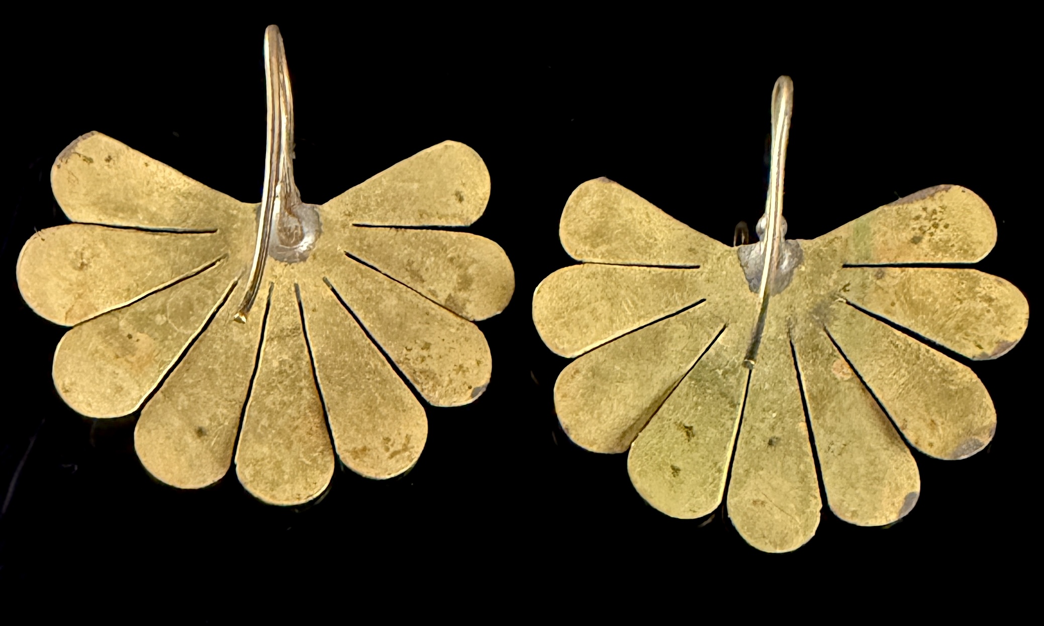 A Pair of Vintage Gold-Toned Modernist Fan Earrings with Green Cabochons