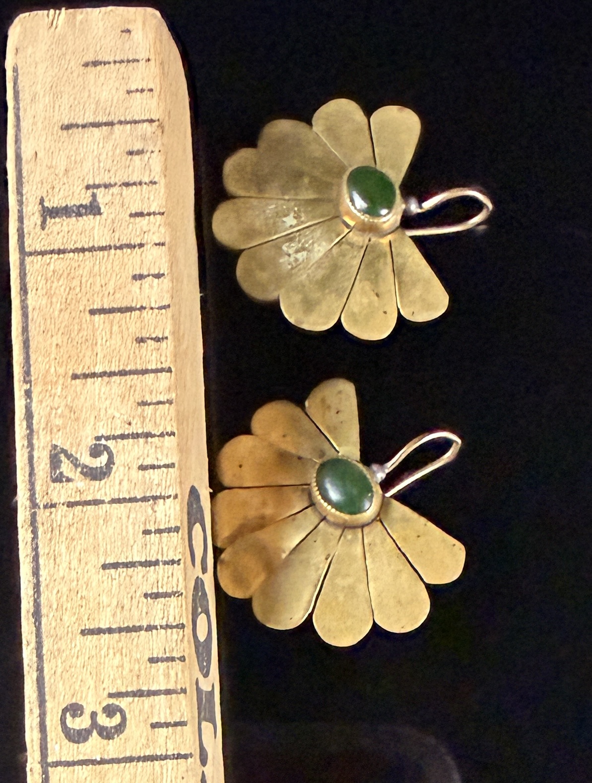 A Pair of Vintage Gold-Toned Modernist Fan Earrings with Green Cabochons