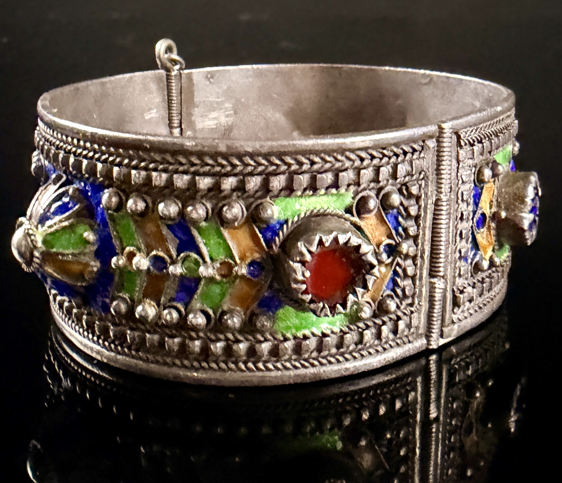 North African Berber Kabyle Style Silver Toned Enamel and Cabochon Hinged Cuff Bracelet