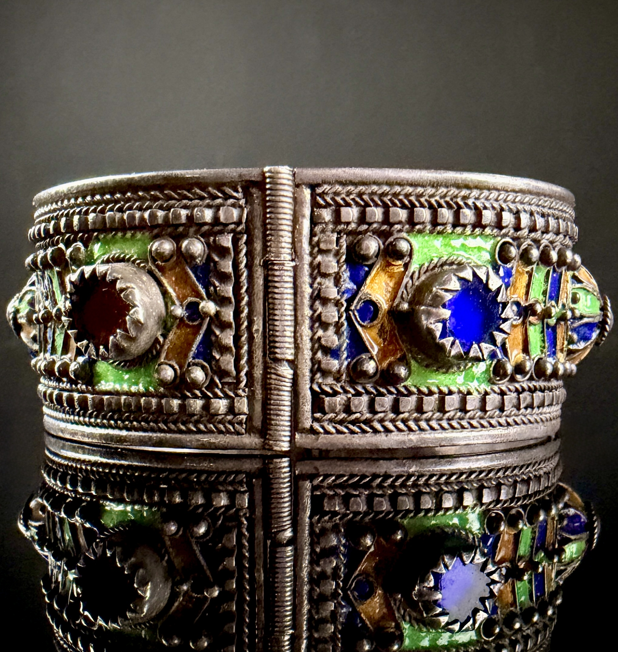 North African Berber Kabyle Style Silver Toned Enamel and Cabochon Hinged Cuff Bracelet