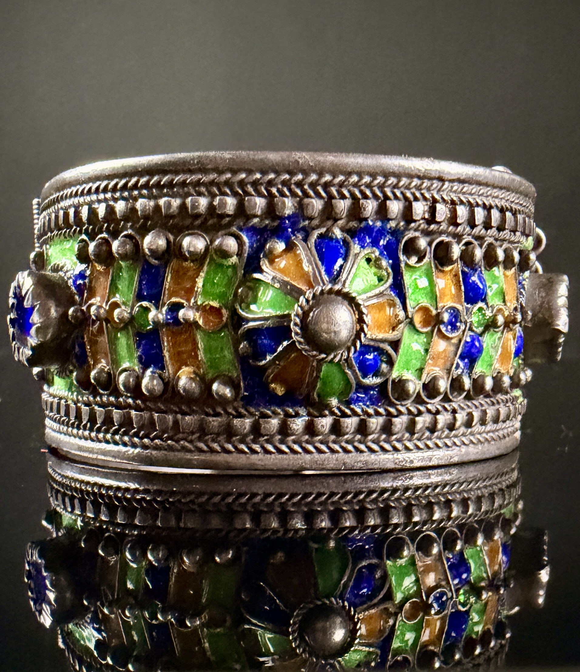 North African Berber Kabyle Style Silver Toned Enamel and Cabochon Hinged Cuff Bracelet