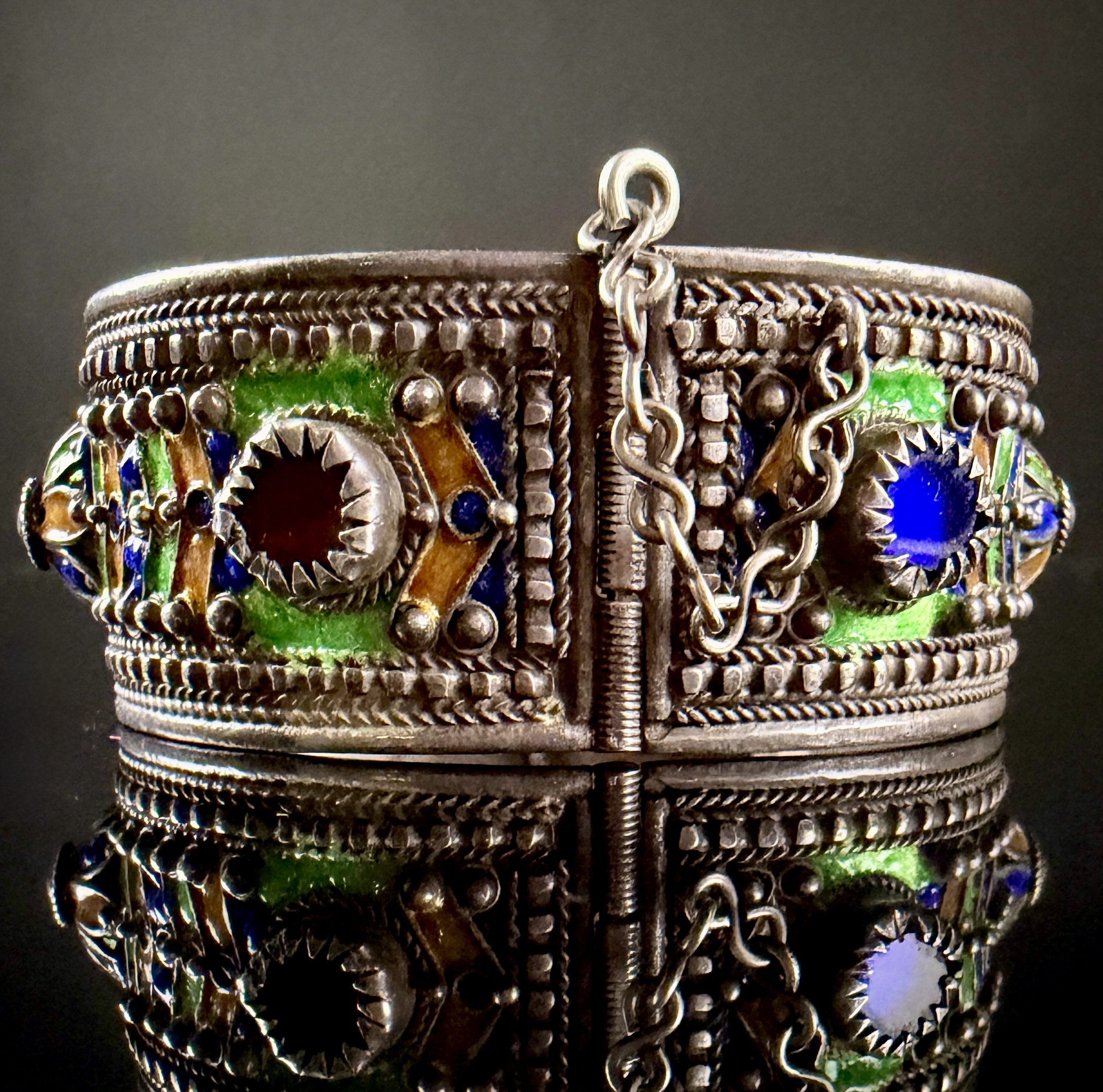 North African Berber Kabyle Style Silver Toned Enamel and Cabochon Hinged Cuff Bracelet