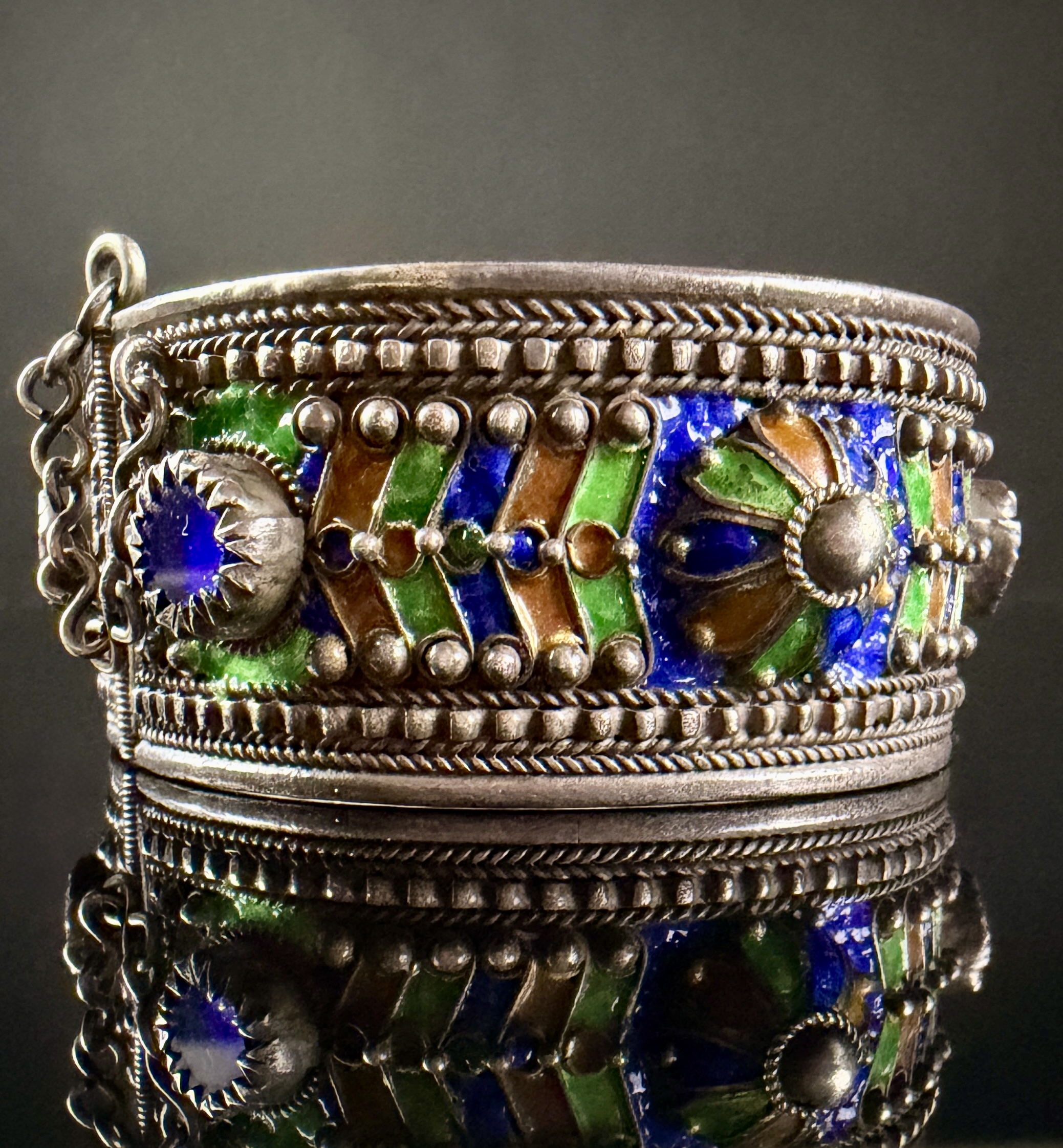 North African Berber Kabyle Style Silver Toned Enamel and Cabochon Hinged Cuff Bracelet