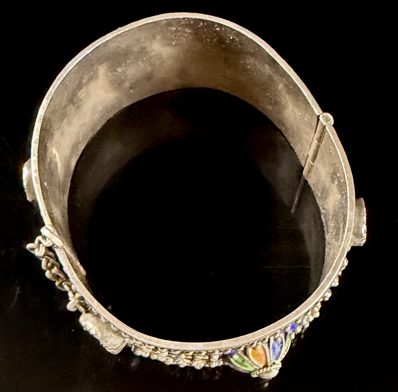 North African Berber Kabyle Style Silver Toned Enamel and Cabochon Hinged Cuff Bracelet