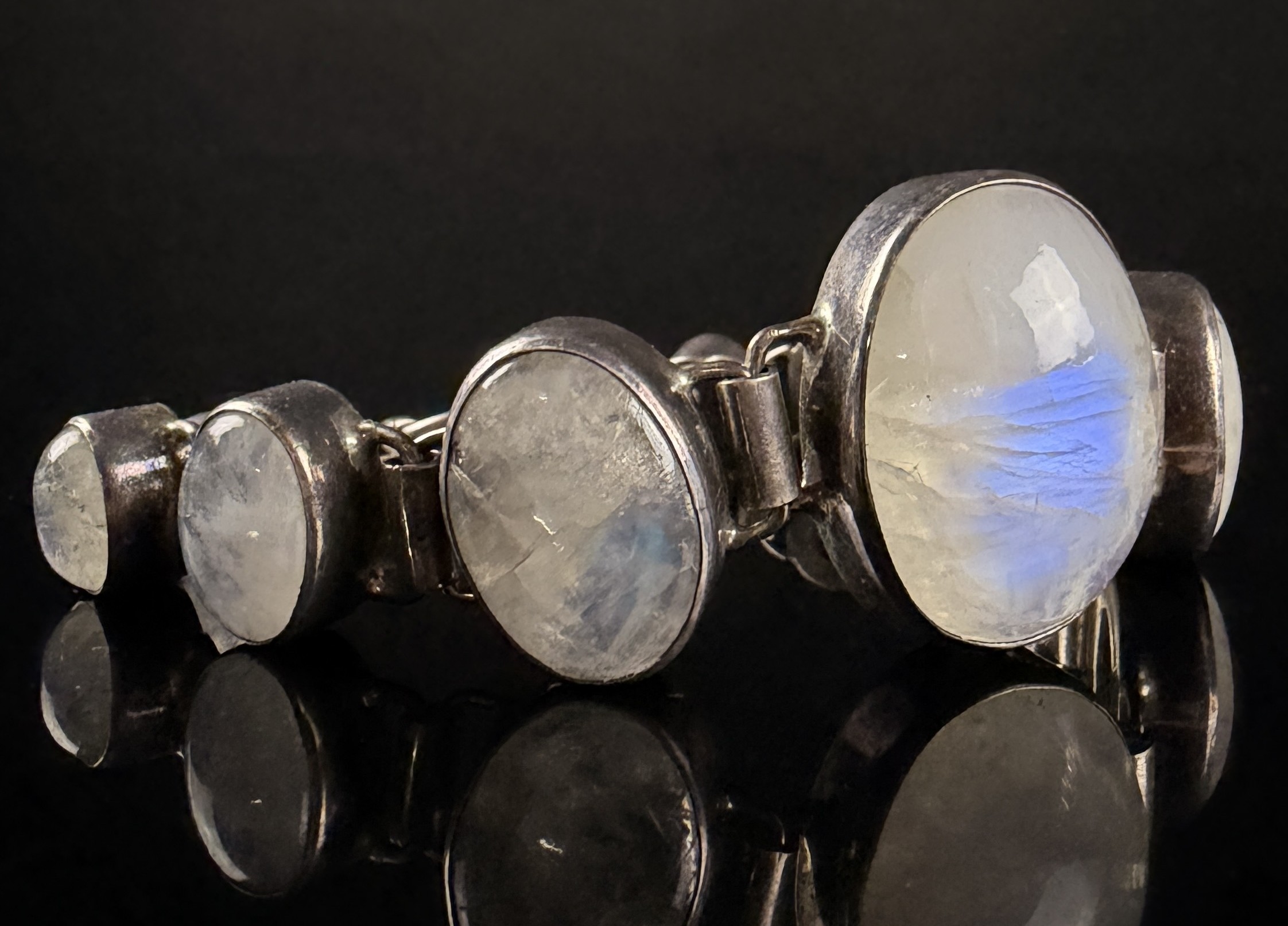Sterling Silver and Graduated Rainbow Moonstone Link Bracelet