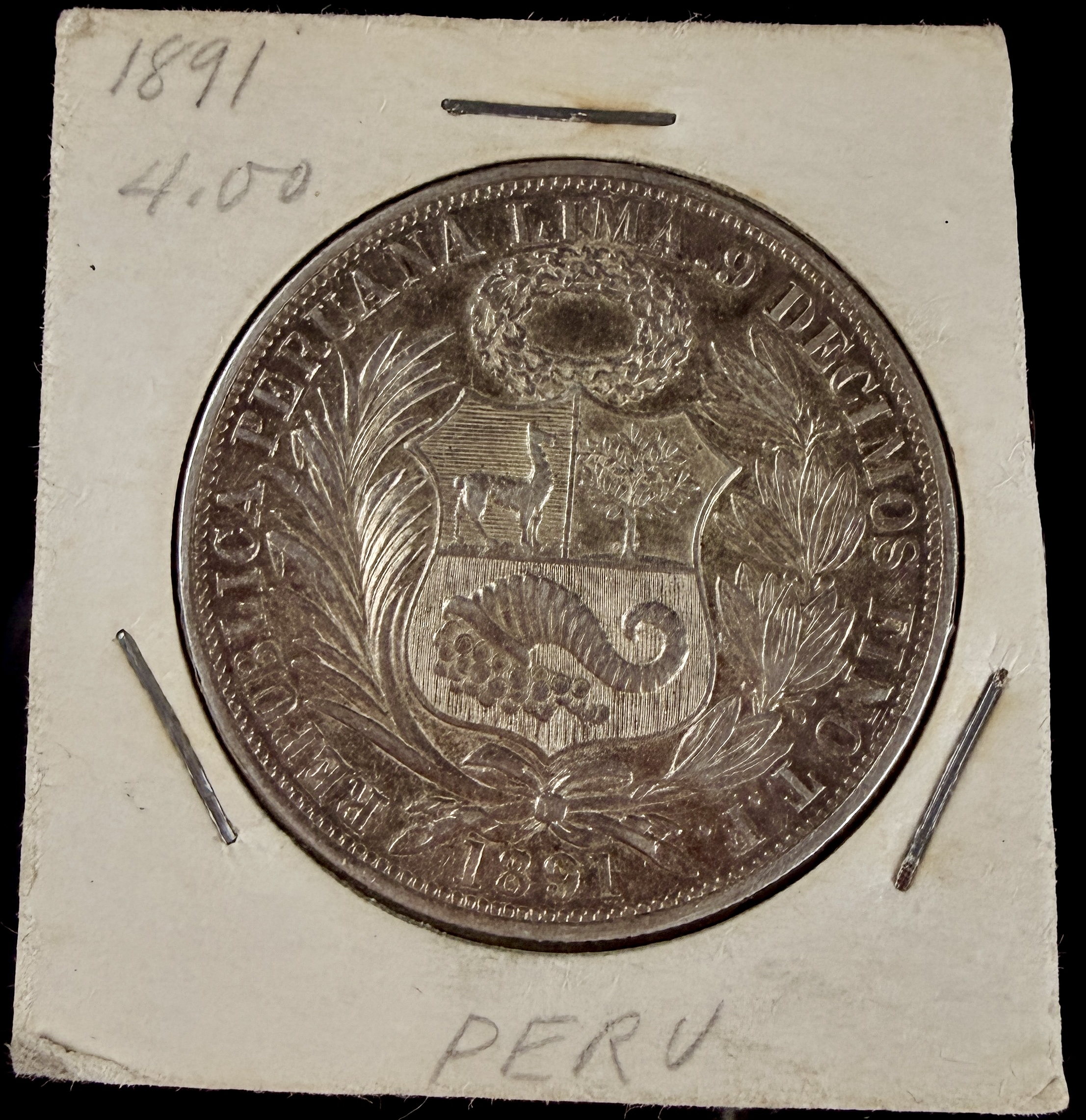 PE 1891 Lima 1 Sol Silver Coin KM 196.24