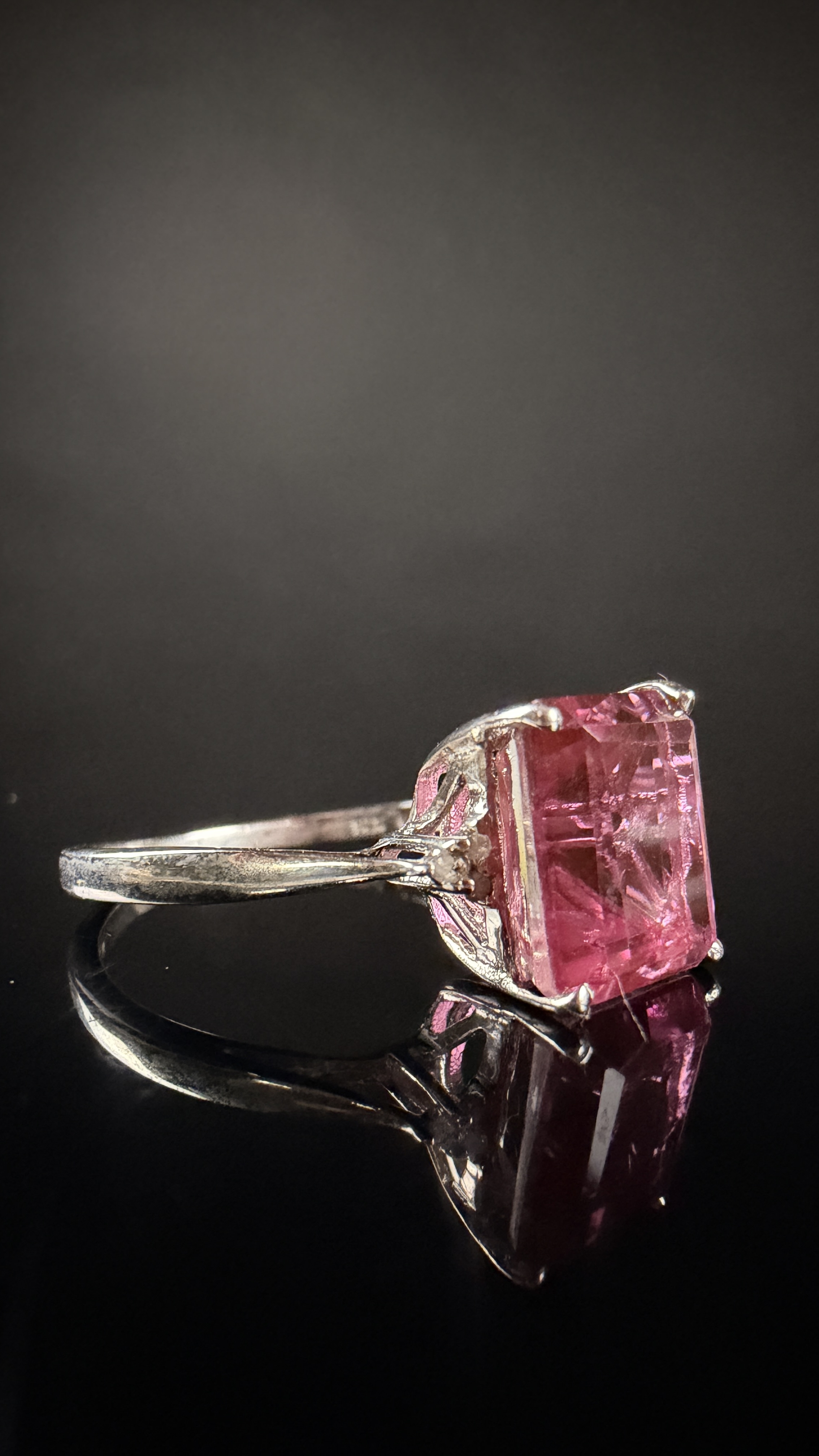 Sterling Silver Cocktail Ring with Emerald Cut Pink Gemstone and Colorless Accents