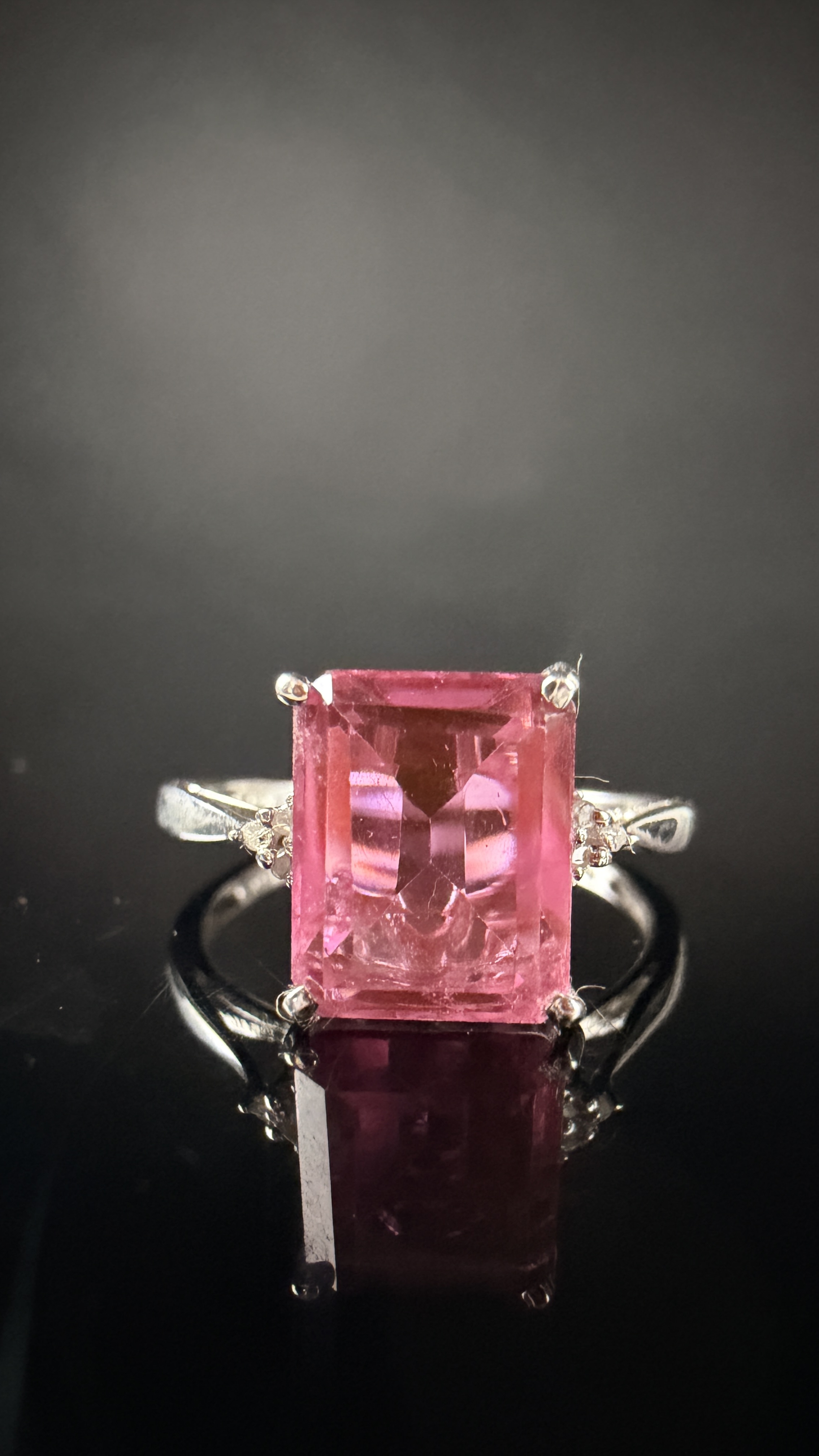 Sterling Silver Cocktail Ring with Emerald Cut Pink Gemstone and Colorless Accents