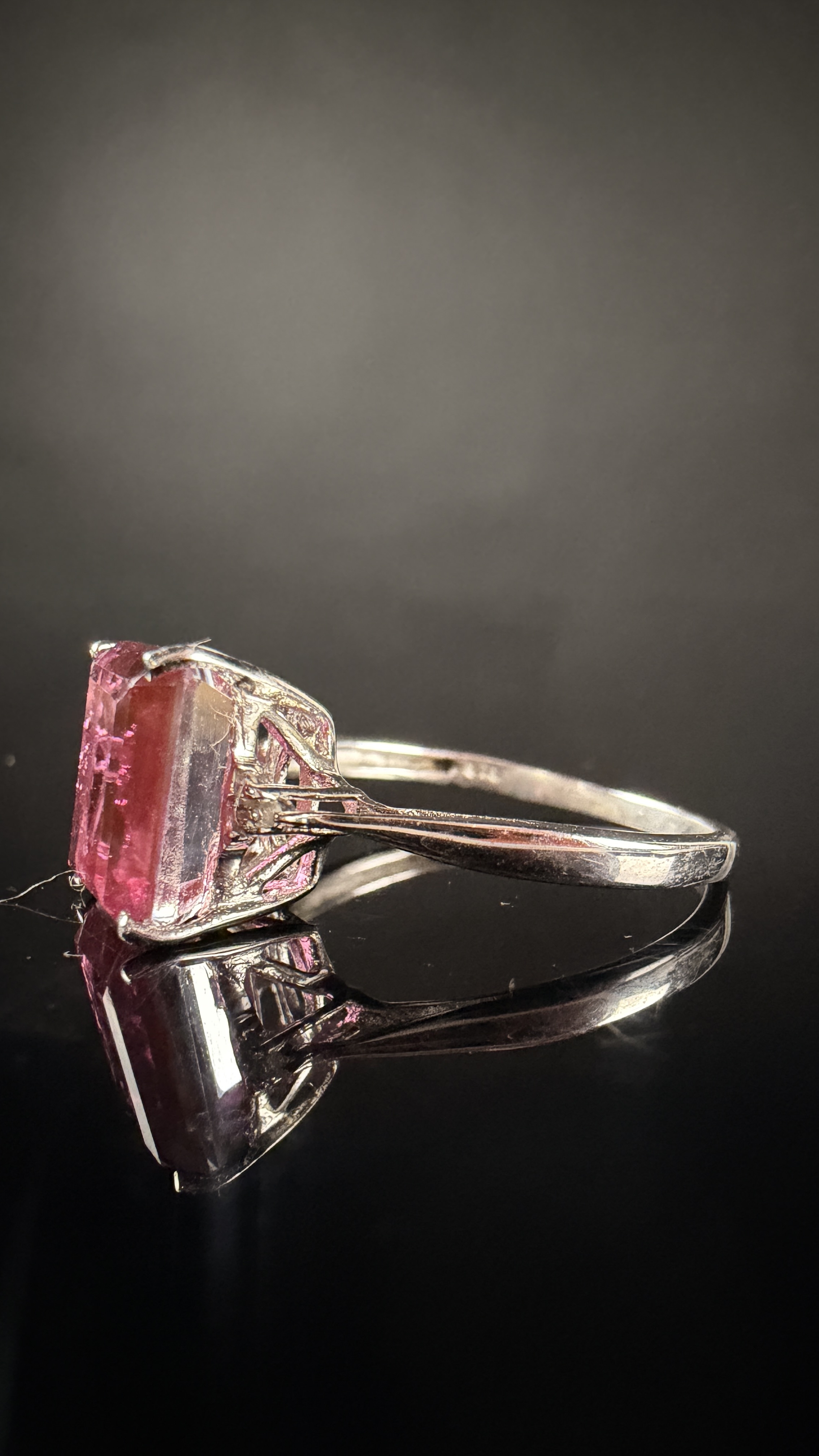 Sterling Silver Cocktail Ring with Emerald Cut Pink Gemstone and Colorless Accents