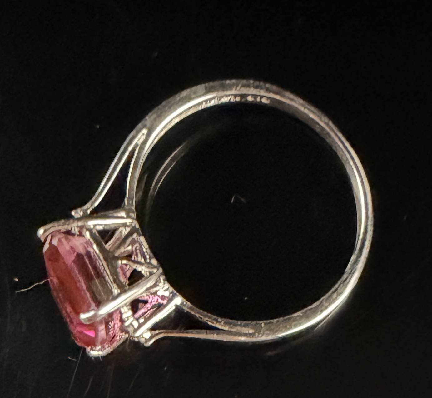 Sterling Silver Cocktail Ring with Emerald Cut Pink Gemstone and Colorless Accents