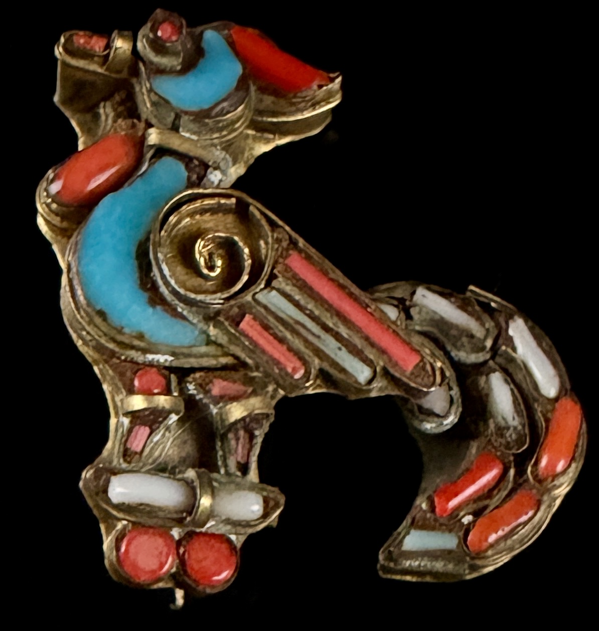 Vintage Tibetan Style Brass and Inlaid Stone Figural Bird Brooch