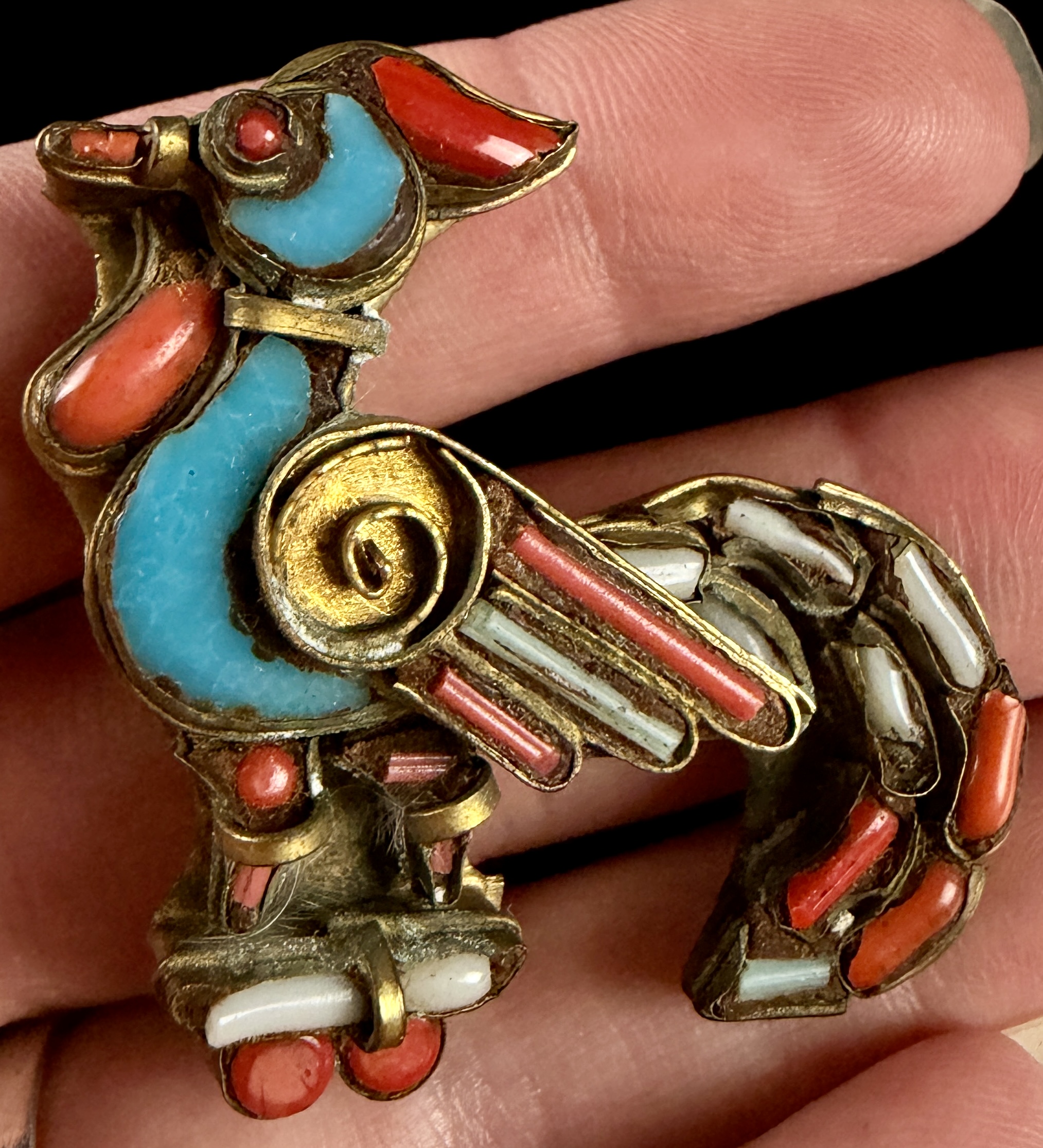 Vintage Tibetan Style Brass and Inlaid Stone Figural Bird Brooch