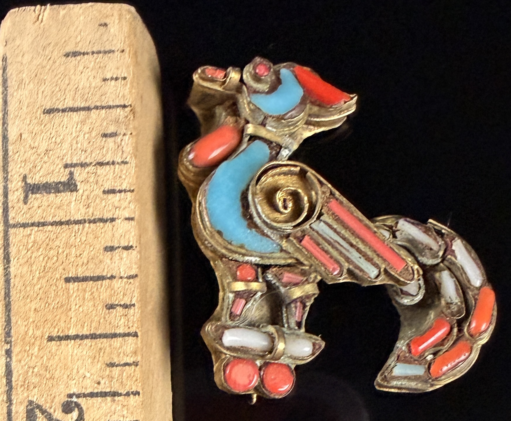 Vintage Tibetan Style Brass and Inlaid Stone Figural Bird Brooch
