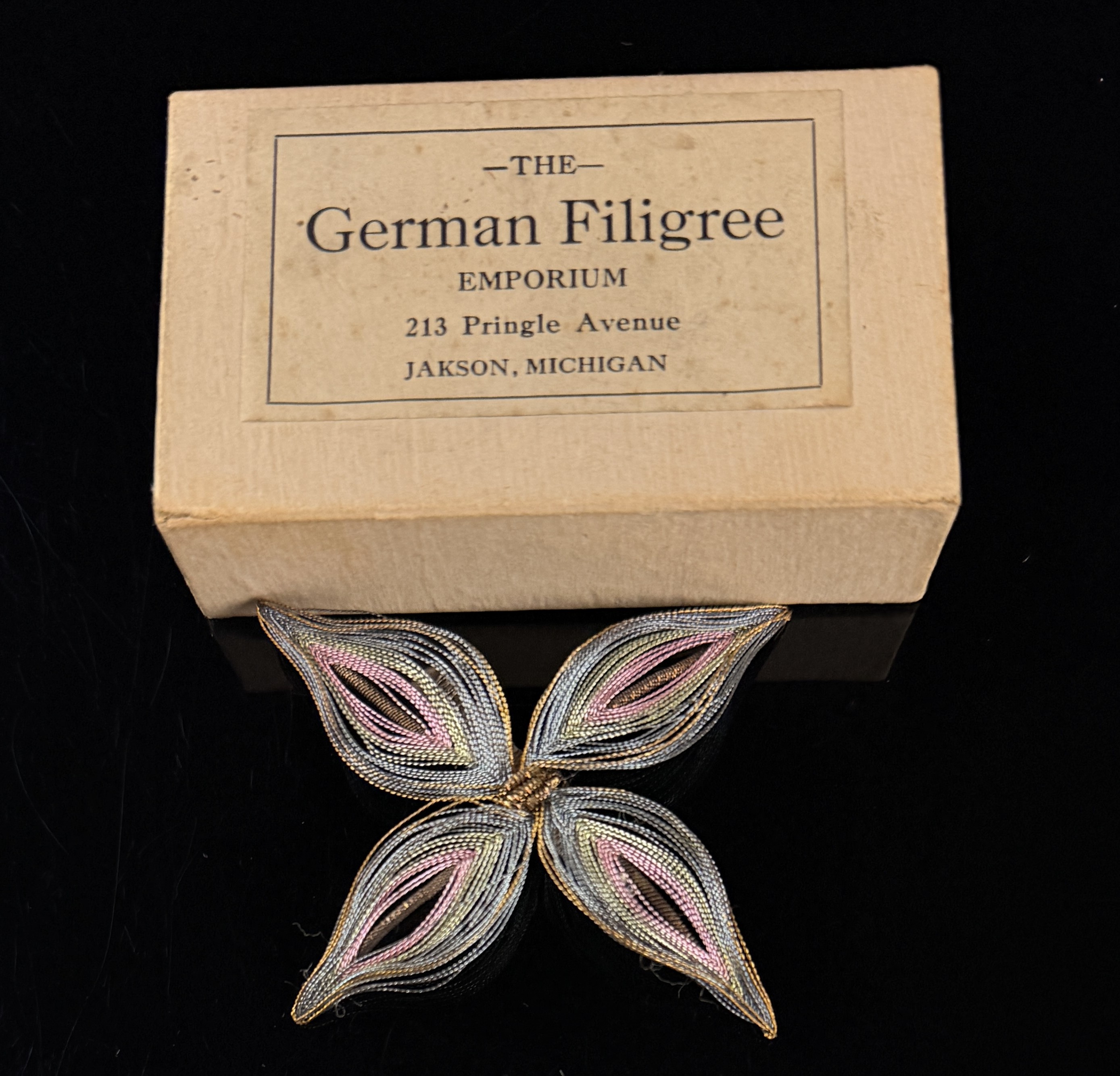 Vintage Large Multi-Tone Spun Wire Filigree Brooch with Original Packaging