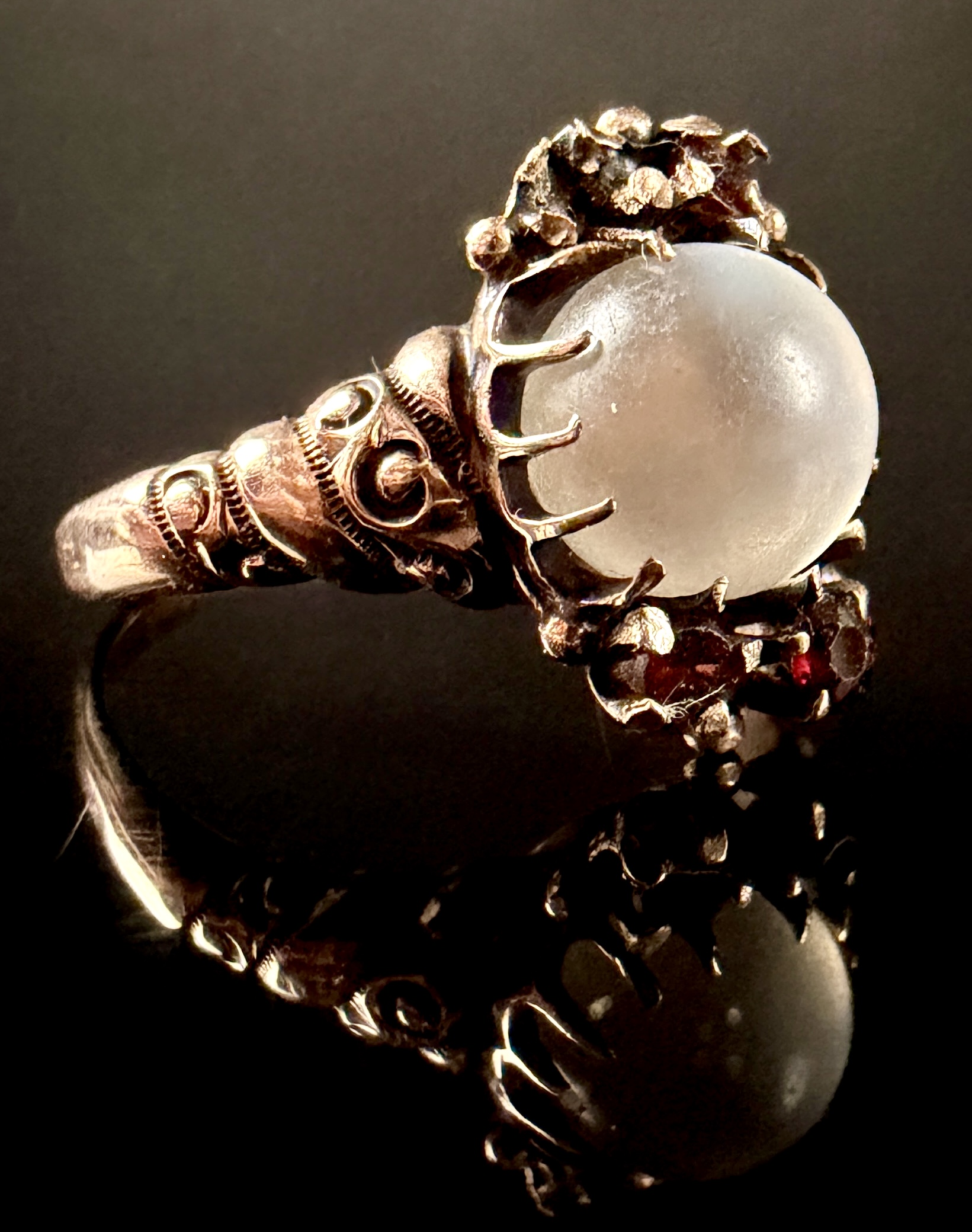 10K Yellow Gold Victorian Moonstone and Garnet Ring with Arthur Dickinson Presentation Box
