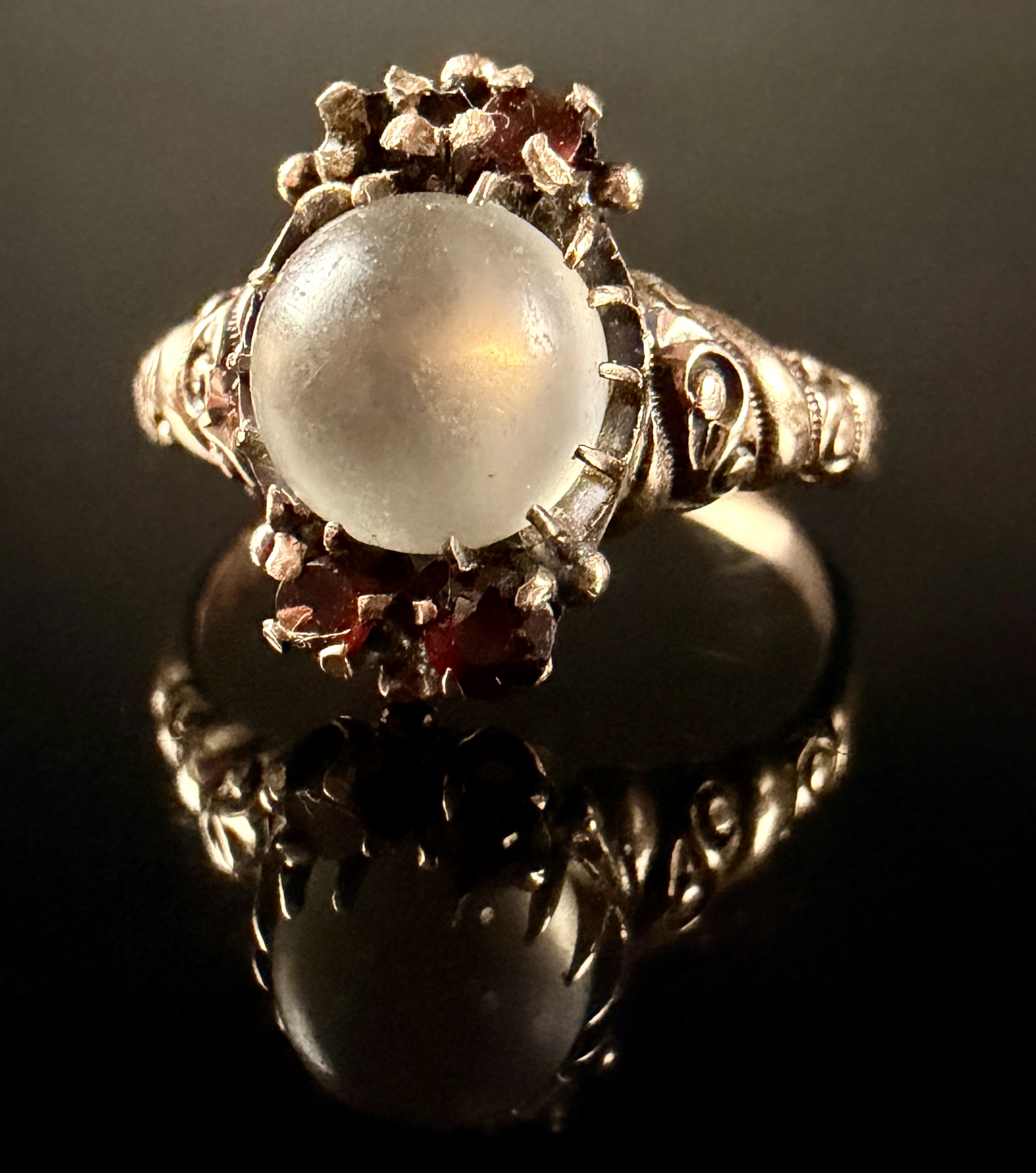 10K Yellow Gold Victorian Moonstone and Garnet Ring with Arthur Dickinson Presentation Box