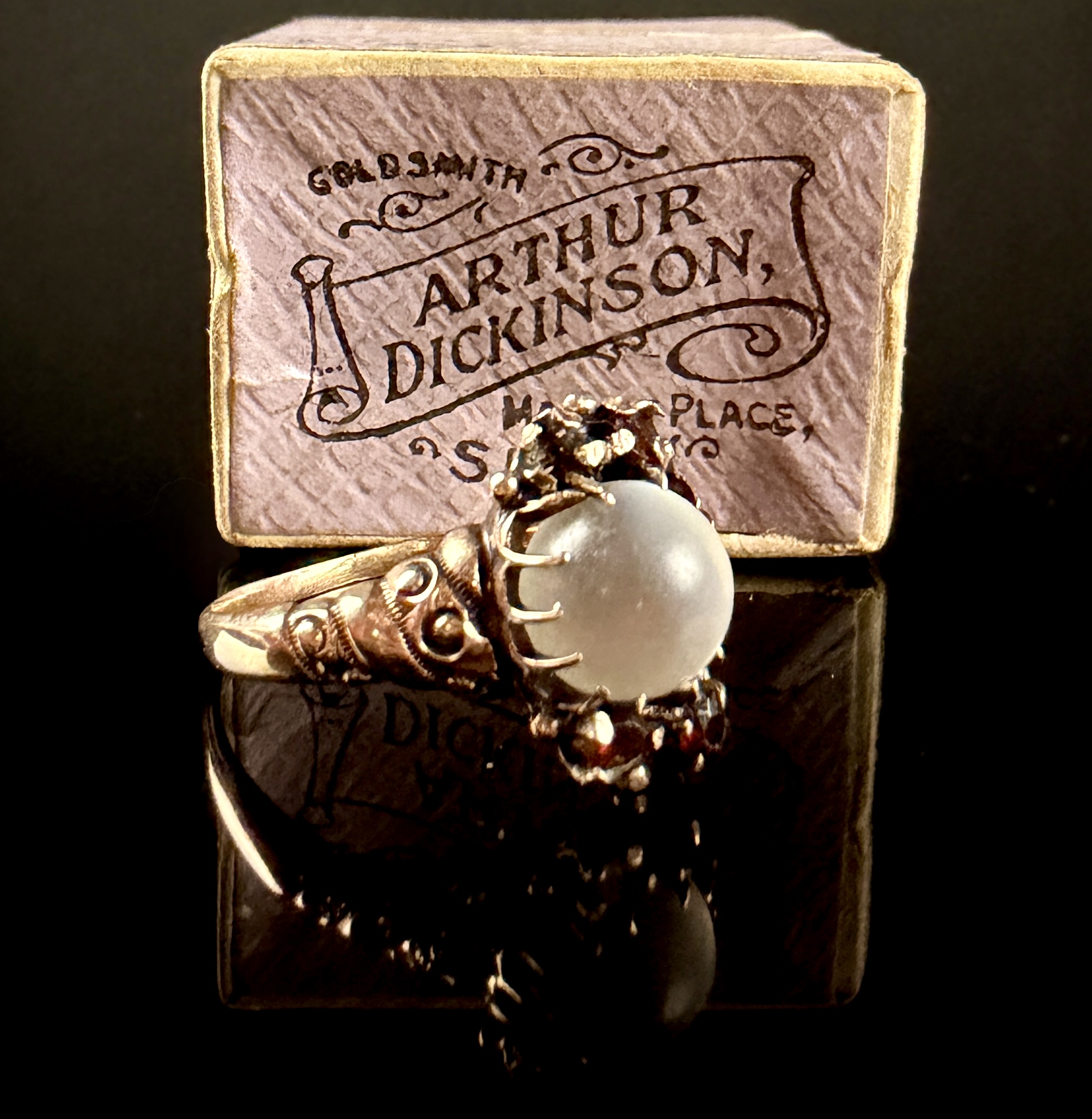10K Yellow Gold Victorian Moonstone and Garnet Ring with Arthur Dickinson Presentation Box