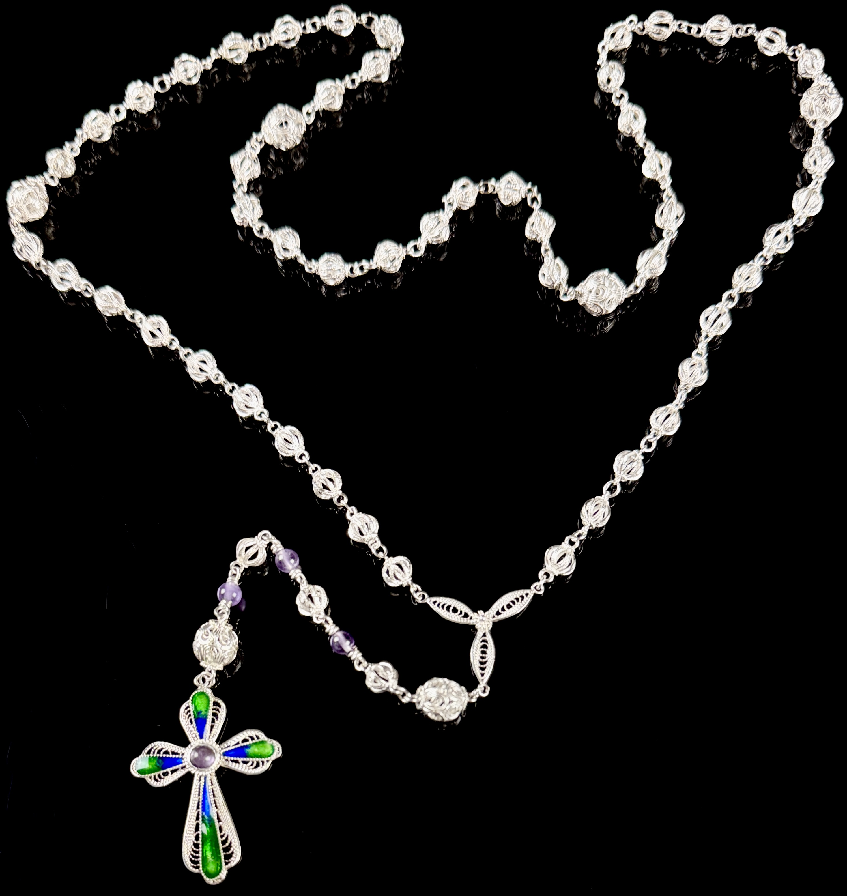 Sterling Silver Filigree Rosary with Enamel and Amethyst Accents