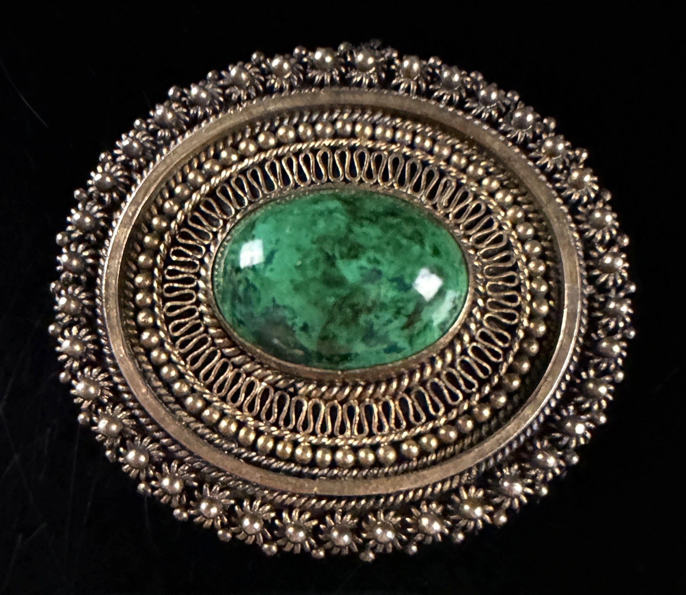 Vintage Israeli Sterling Silver and Eilat Stone Filigree Pendant-Brooch