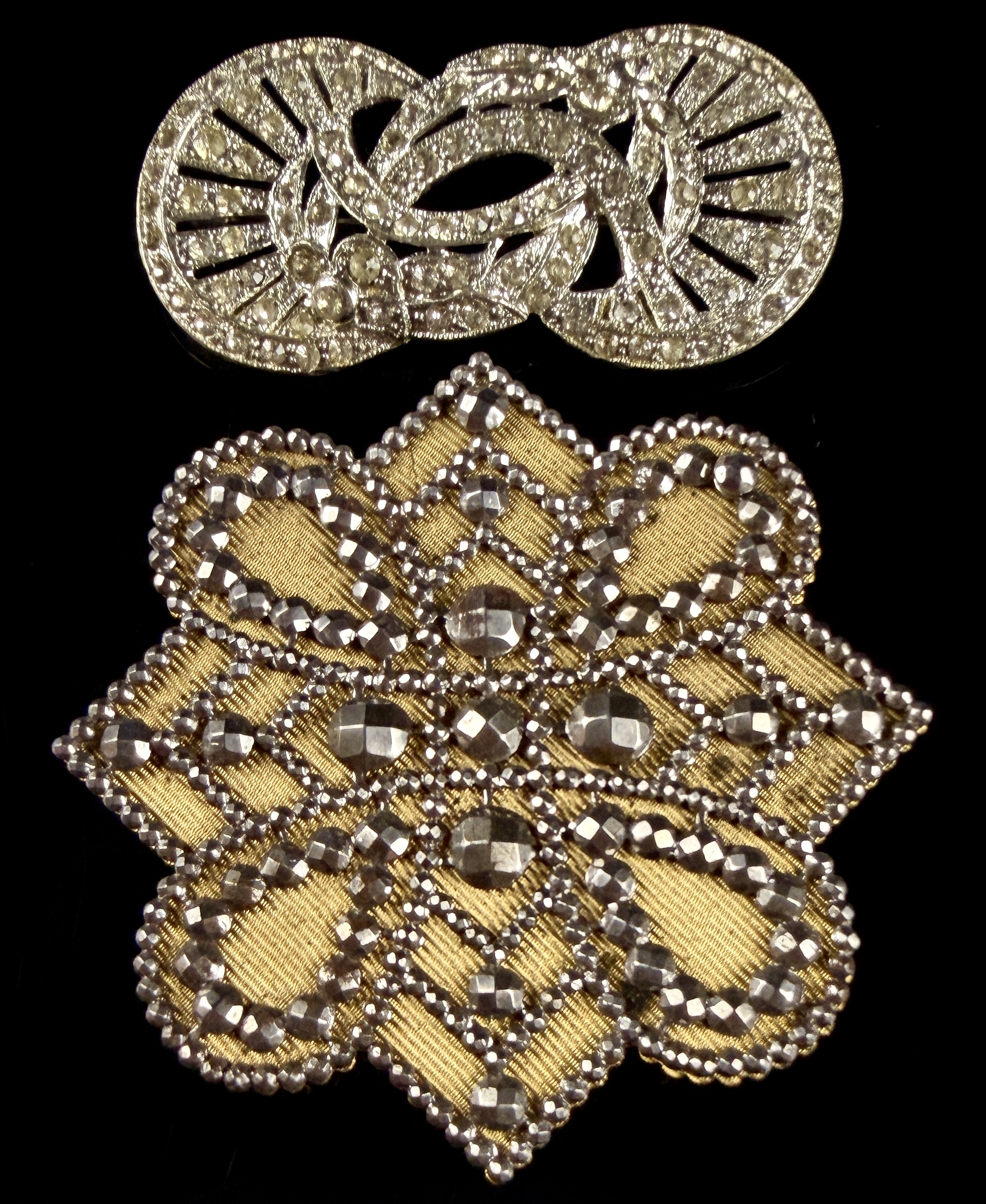 Two Vintage Brooches Including an Art Deco Style Rhinestone Knot and a Victorian Style Cut Steel Sash Pin