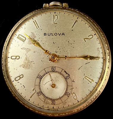 Bulova 1954 10K Rolled Gold Plate Open Face Pocket Watch Caliber 17AH. A vintage open-face 