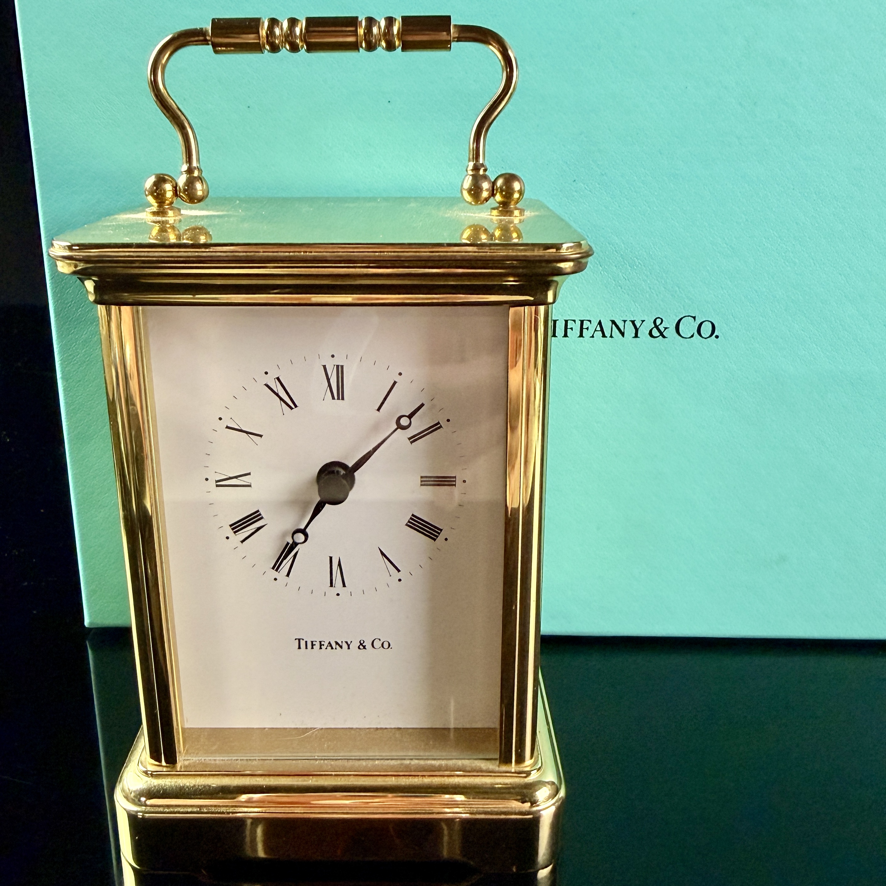 Tiffany & Co. Brass Quartz Carriage Clock with Presentation Box