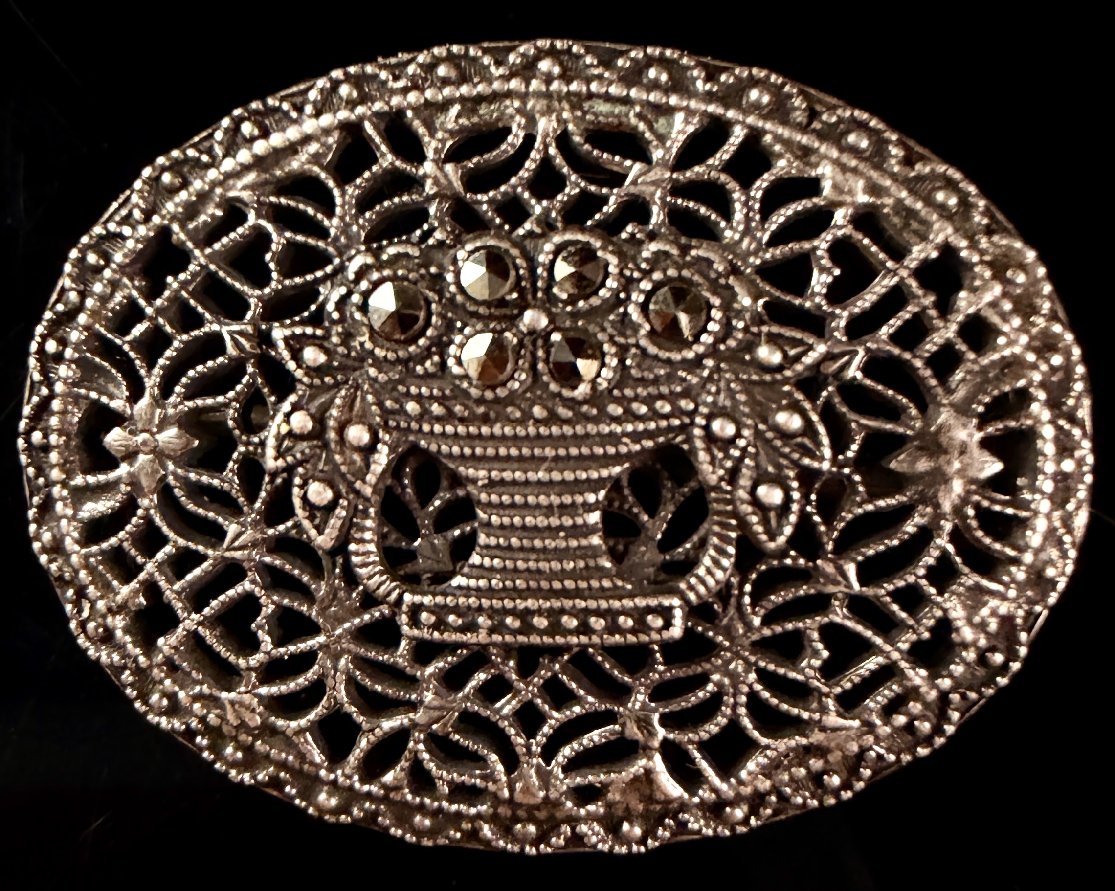 Sterling Silver Marcasite Flower Basket Openwork Brooch