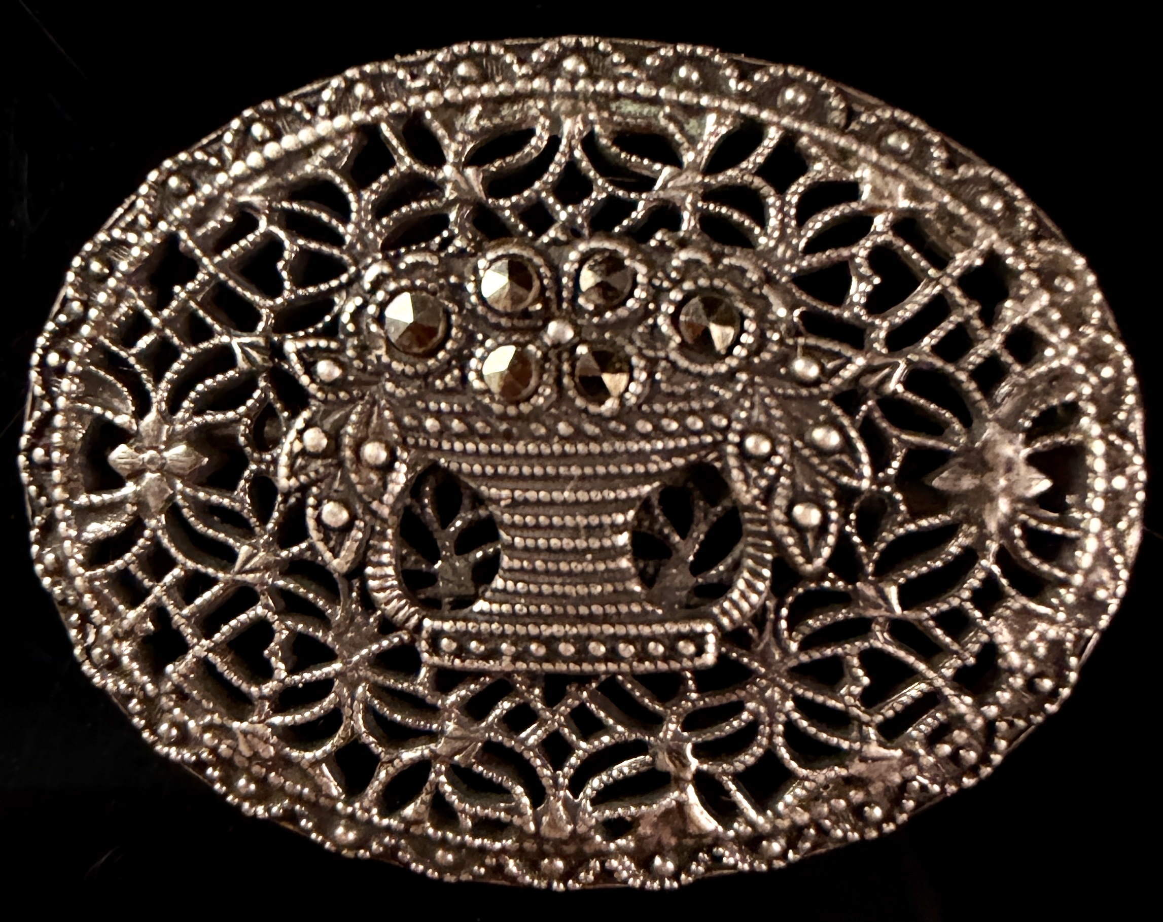 Sterling Silver Marcasite Flower Basket Openwork Brooch