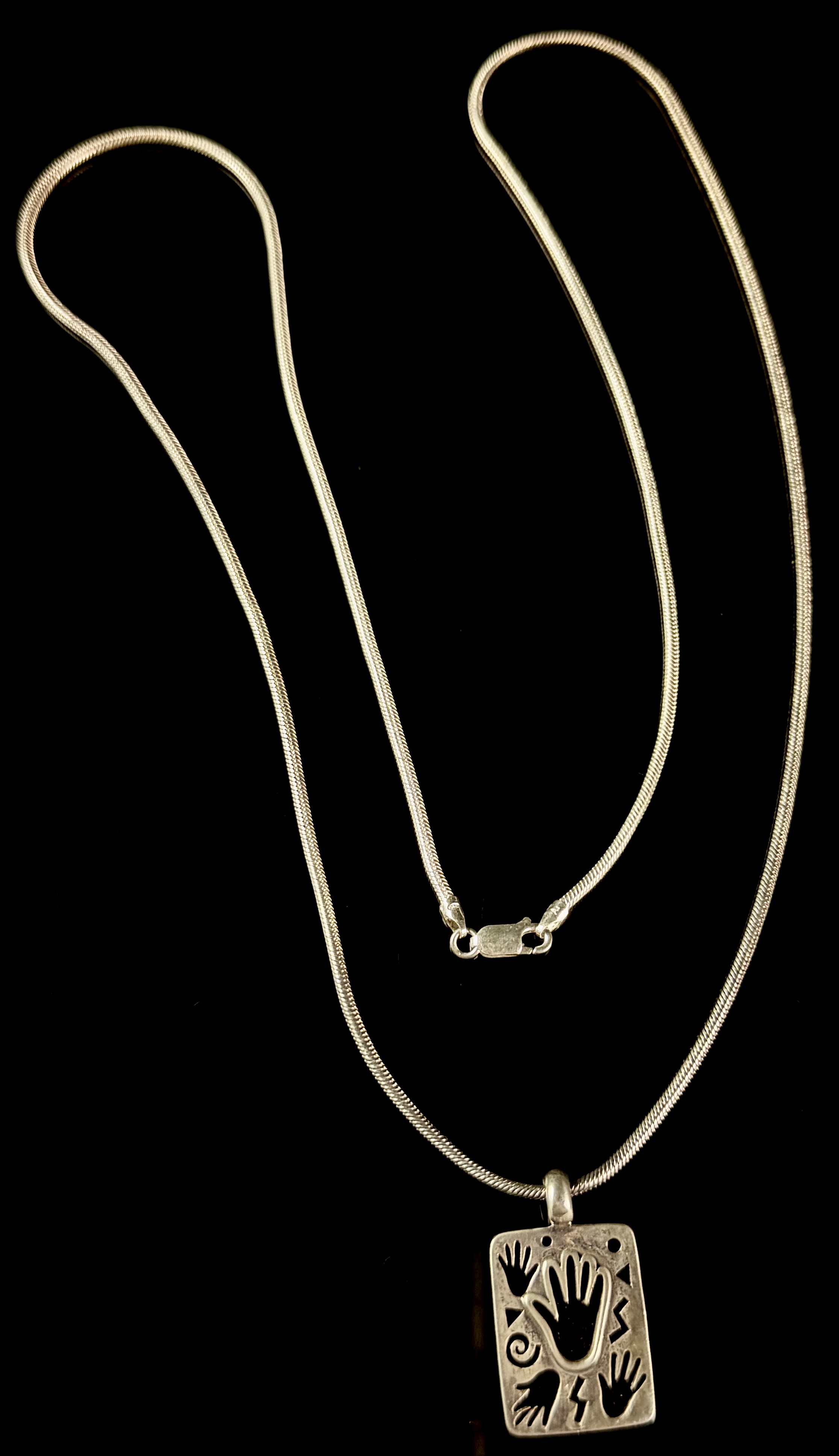 Sterling Silver Italian Snake Chain Necklace with Reversible Rectangular Southwest Motif Pendant