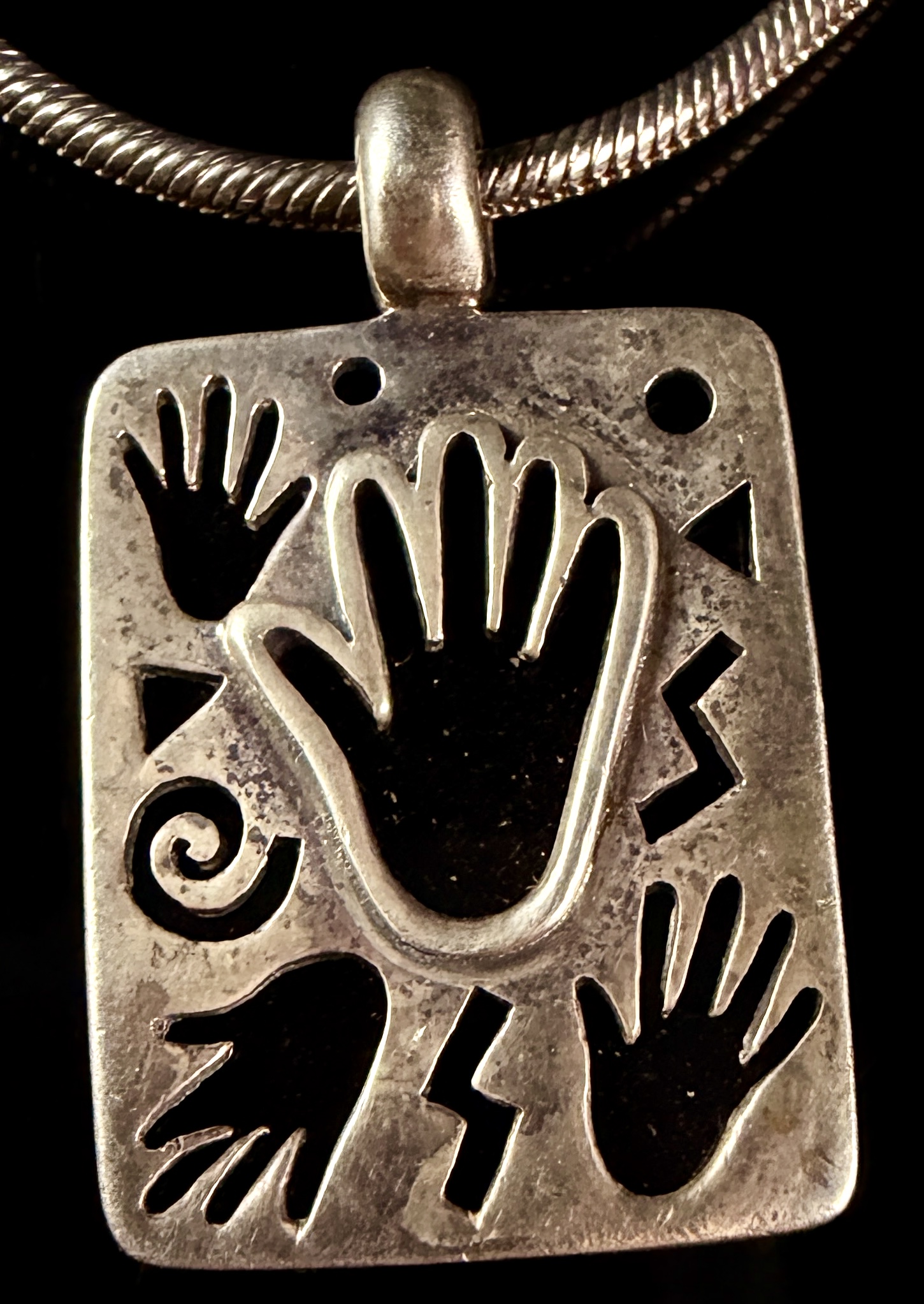 Sterling Silver Italian Snake Chain Necklace with Reversible Rectangular Southwest Motif Pendant