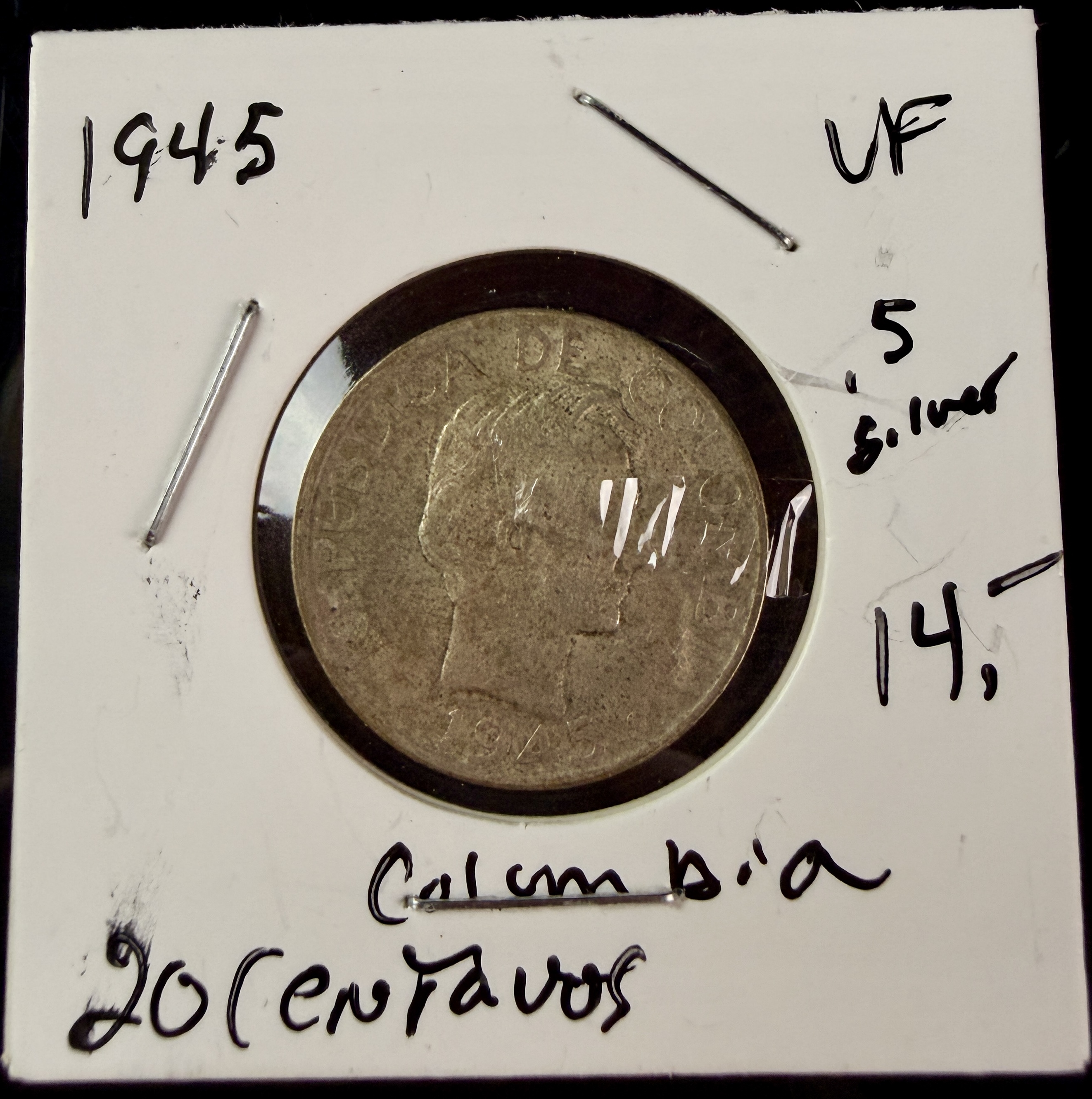 1945 CO 20 Centavos Silver Coin