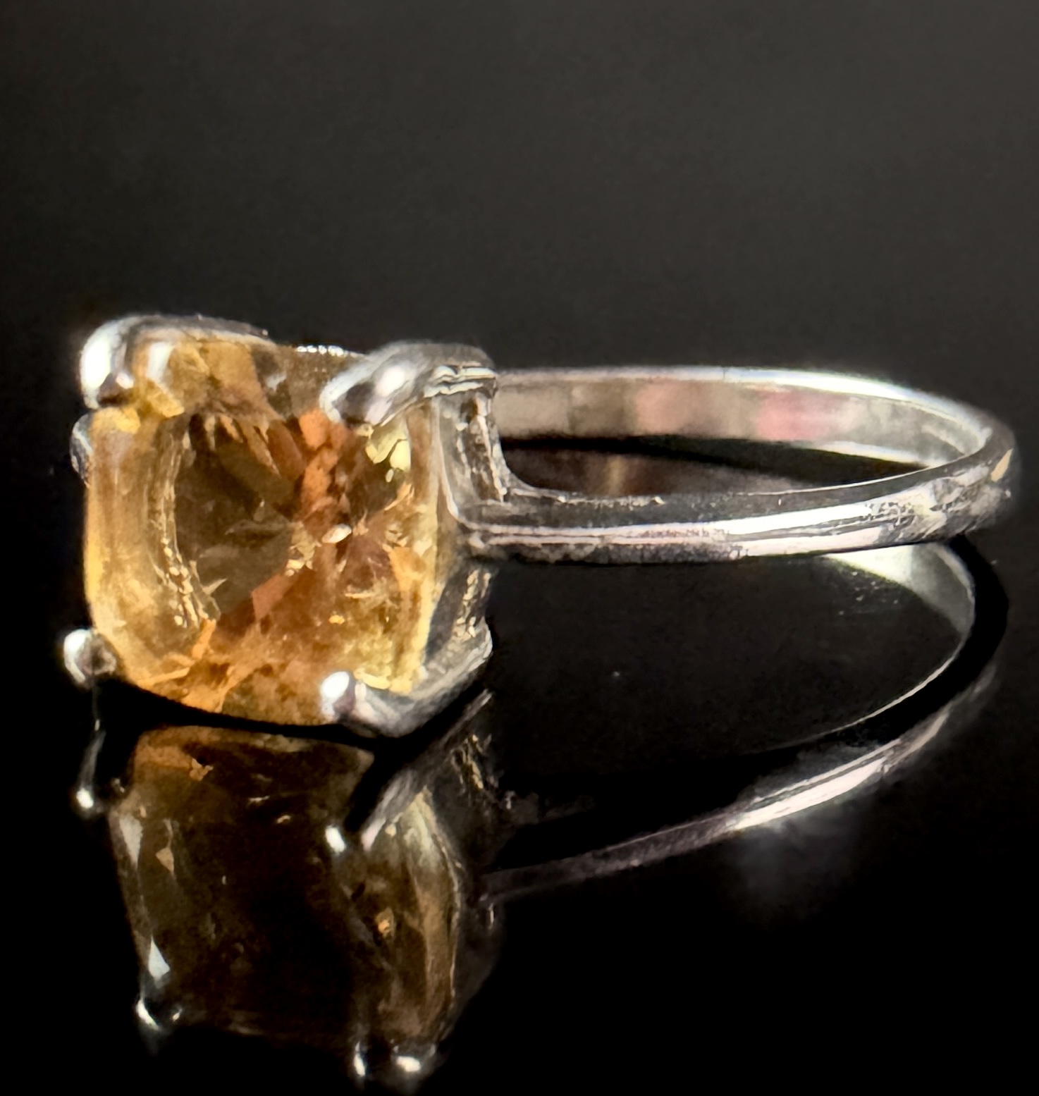 Sterling Silver Cushion Cut Yellow Gemstone Solitaire Ring