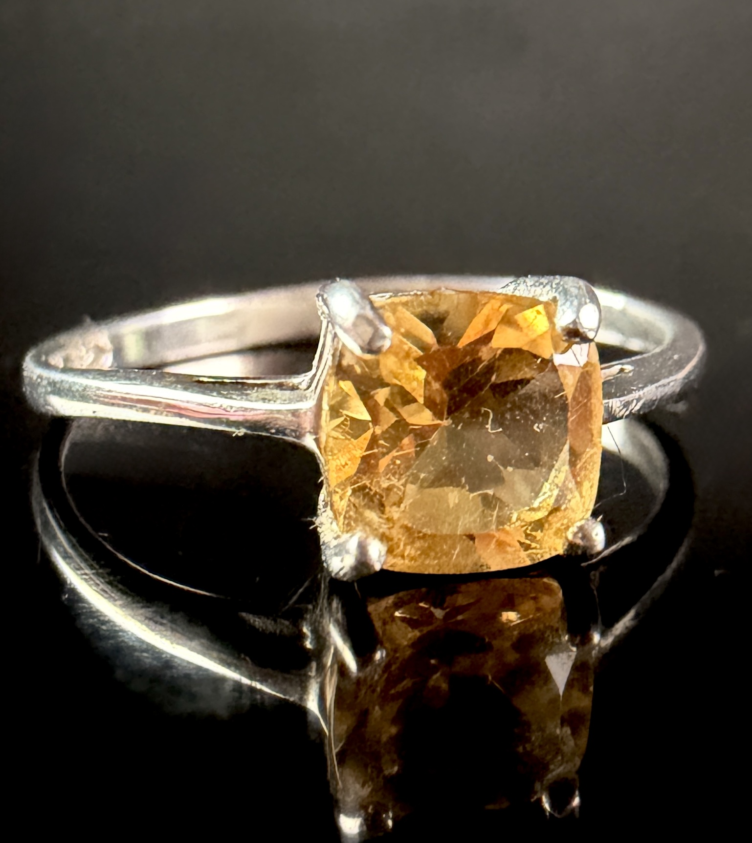 Sterling Silver Cushion Cut Yellow Gemstone Solitaire Ring