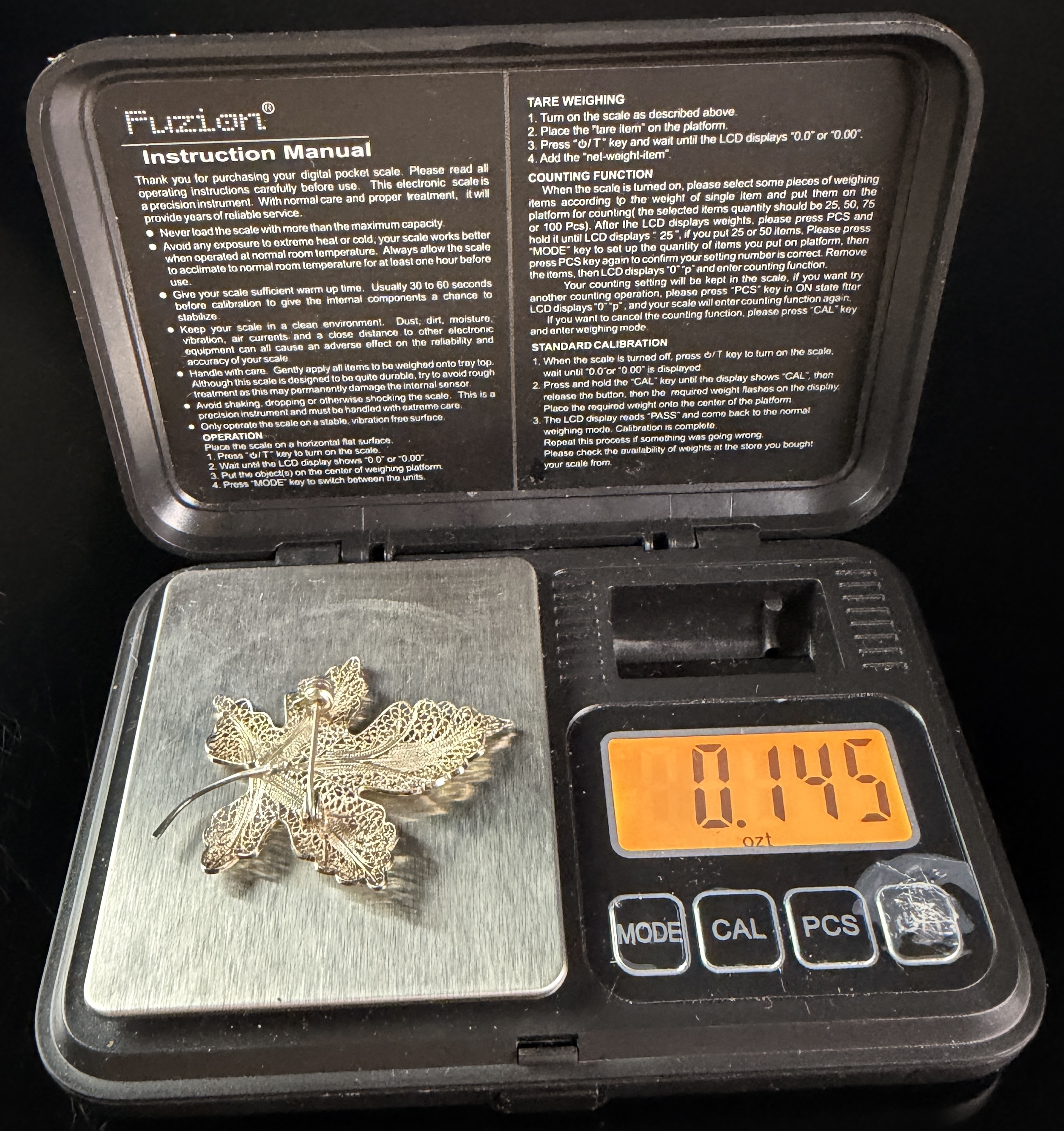 Silver Filigree Maple Leaf Brooch with Rotating Safety Catch