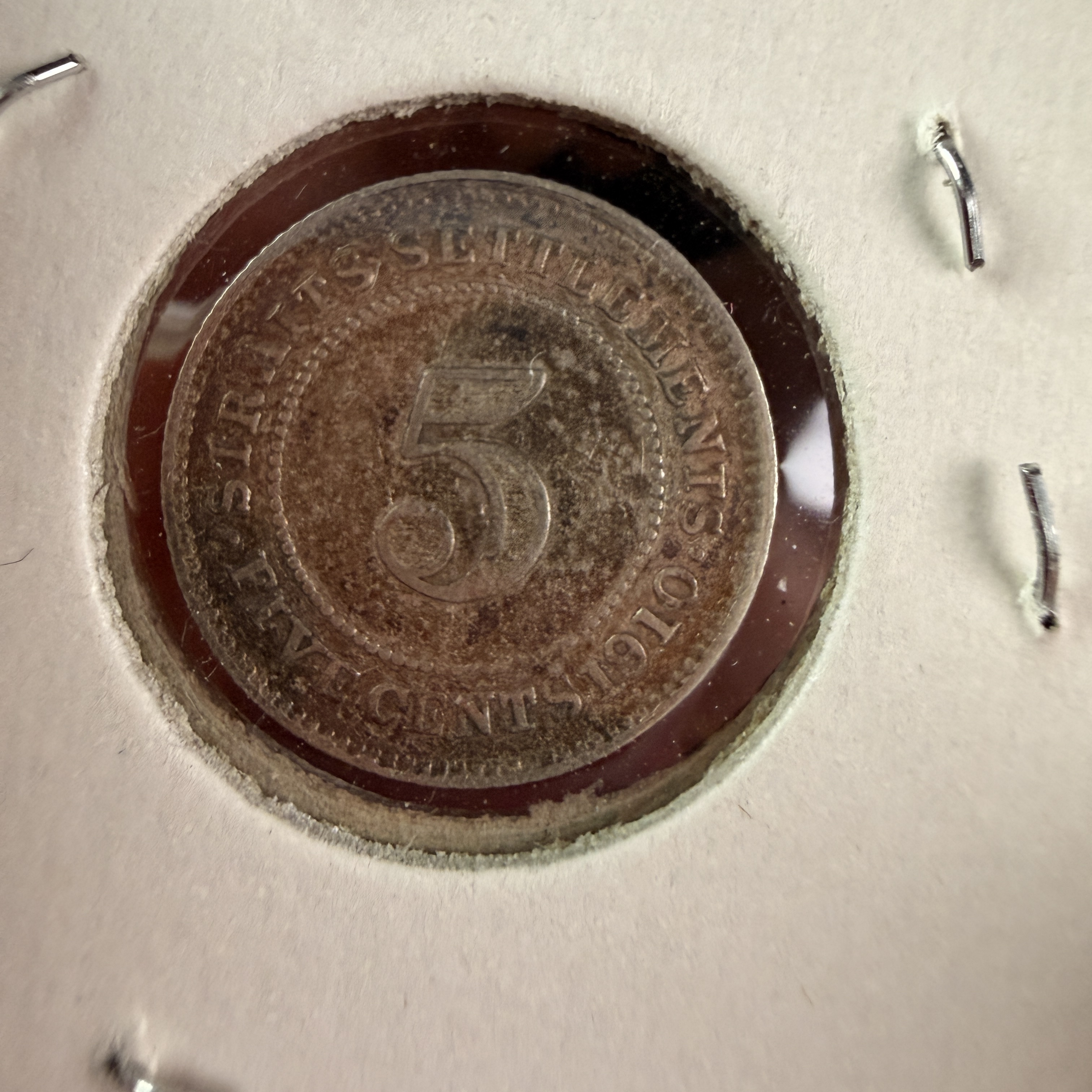 1910 Straits Settlements Silver 5 Cents Coin
