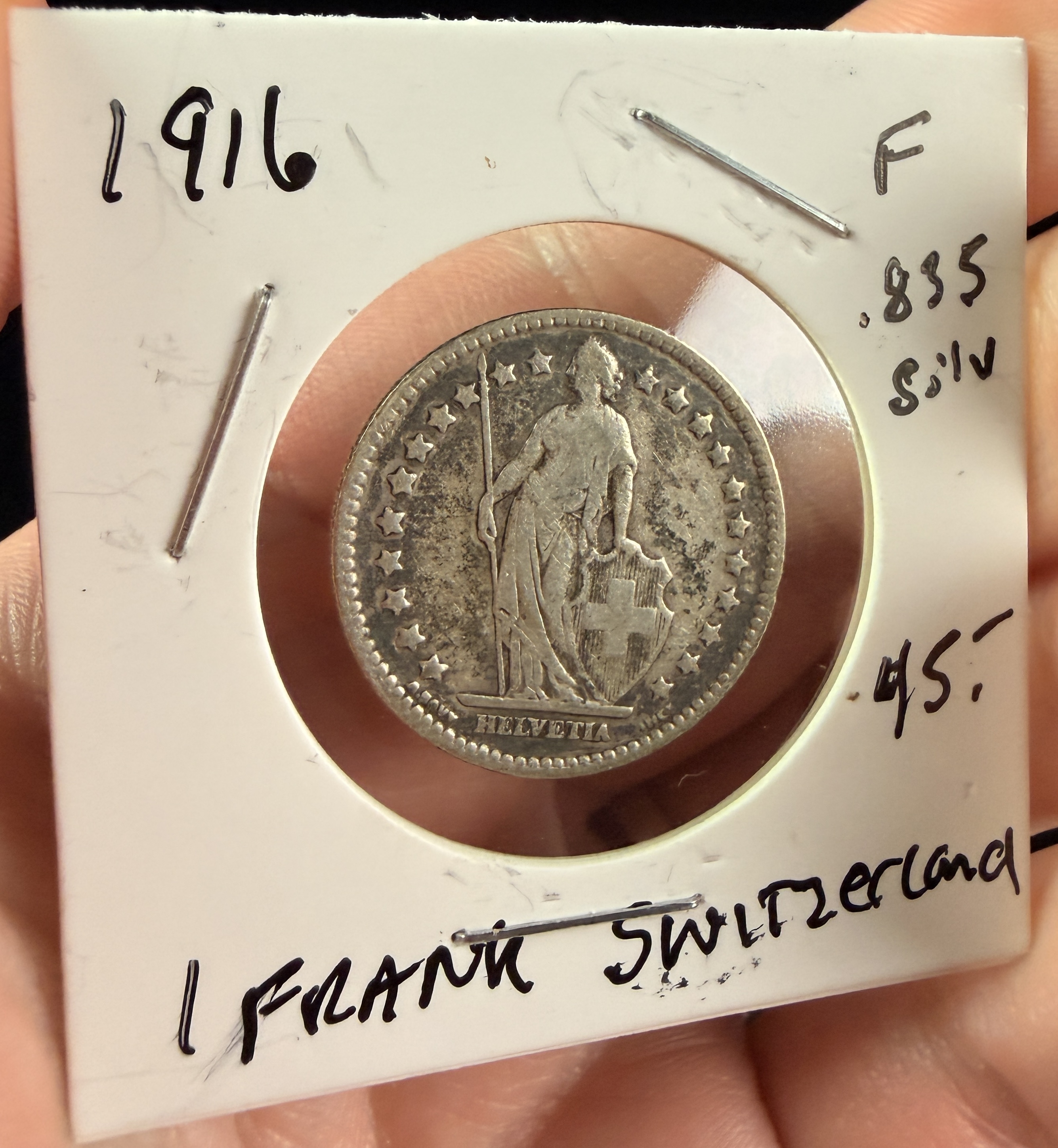 1916 CH Silver 1 Franc Coin