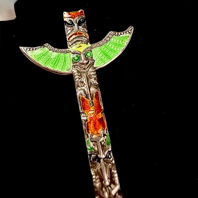 Sterling Silver and Enamel Lucky Totem Pole Souvenir Fork. A vintage souvenir pickle or hors 