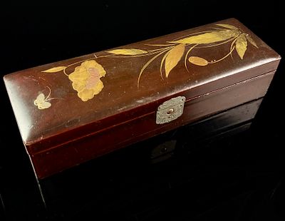 Japanese Meiji Period Maki-e Lacquer Rectangular Box with Floral and Butterfly Decoration. A 