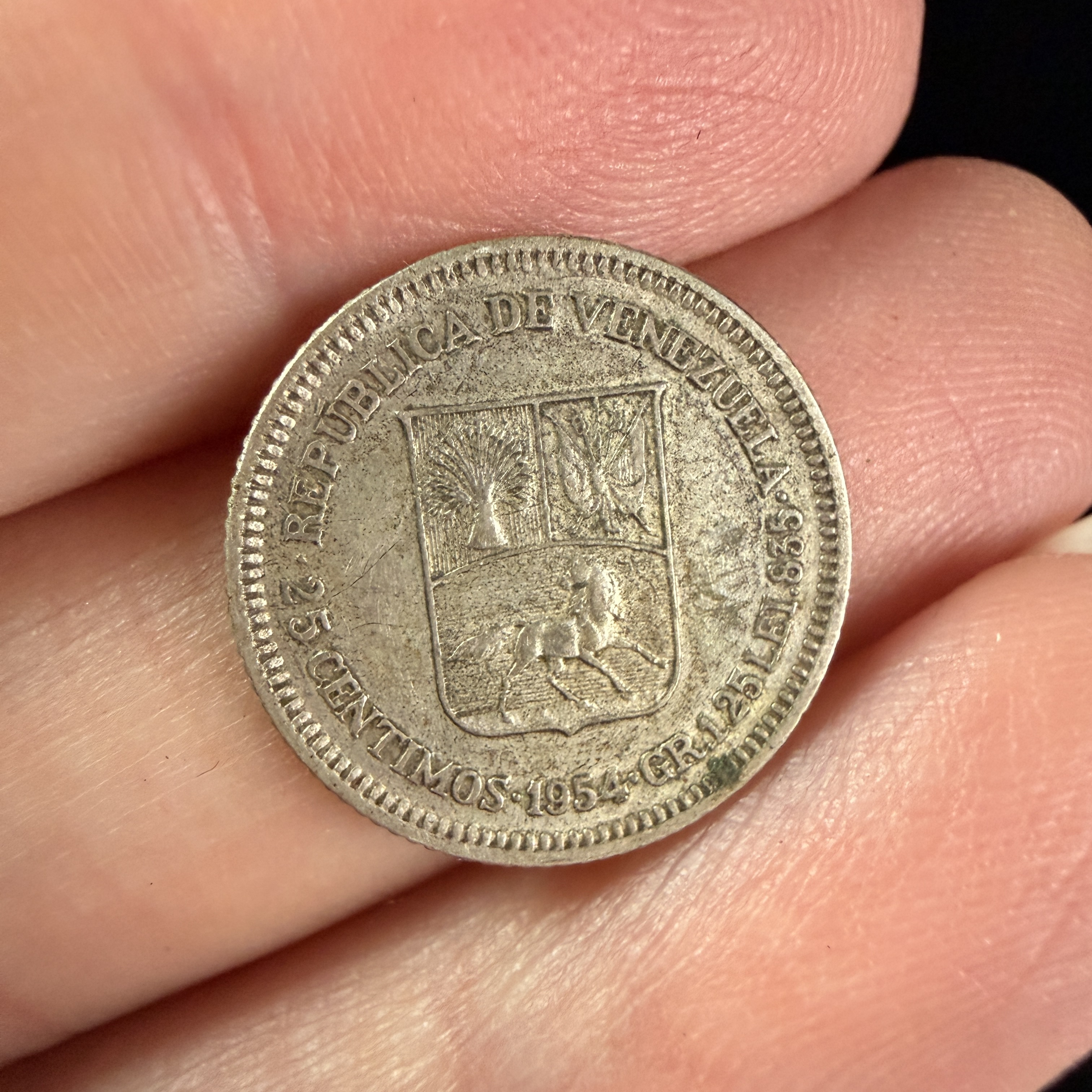 1954 Venezuela 25 Centimos Silver Coin