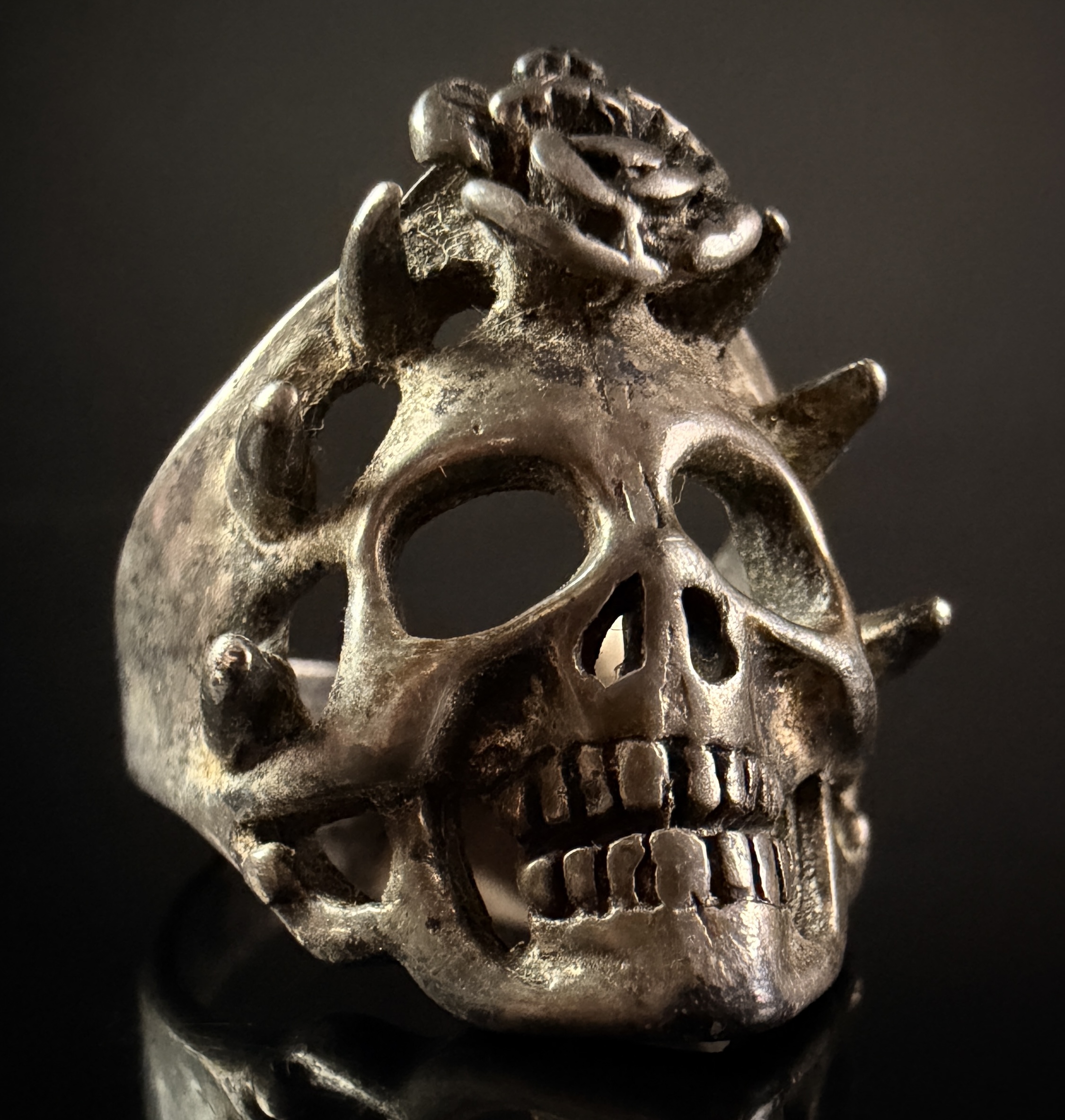 Gothic Style Skull and Rose Biker Ring