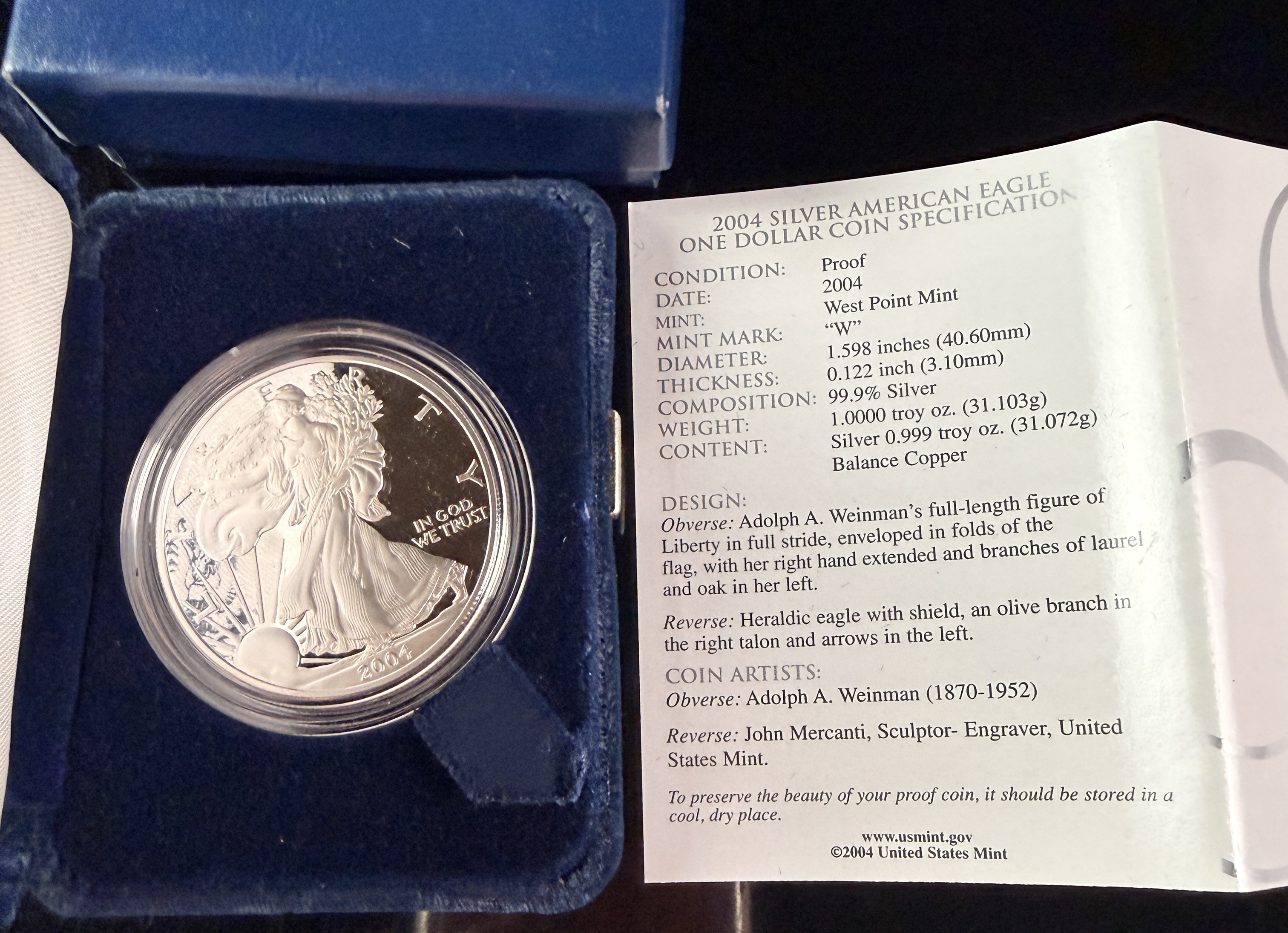 US 2004-W American Silver Eagle One Dollar Proof Coin OGP COA