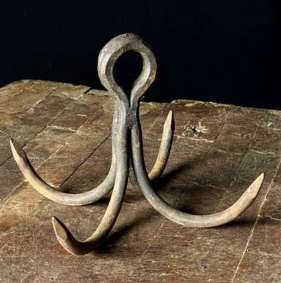 Antique Hand Forged Wrought Iron Four Pronged Trap Drag. This item is a hand forged trap drag, a 
