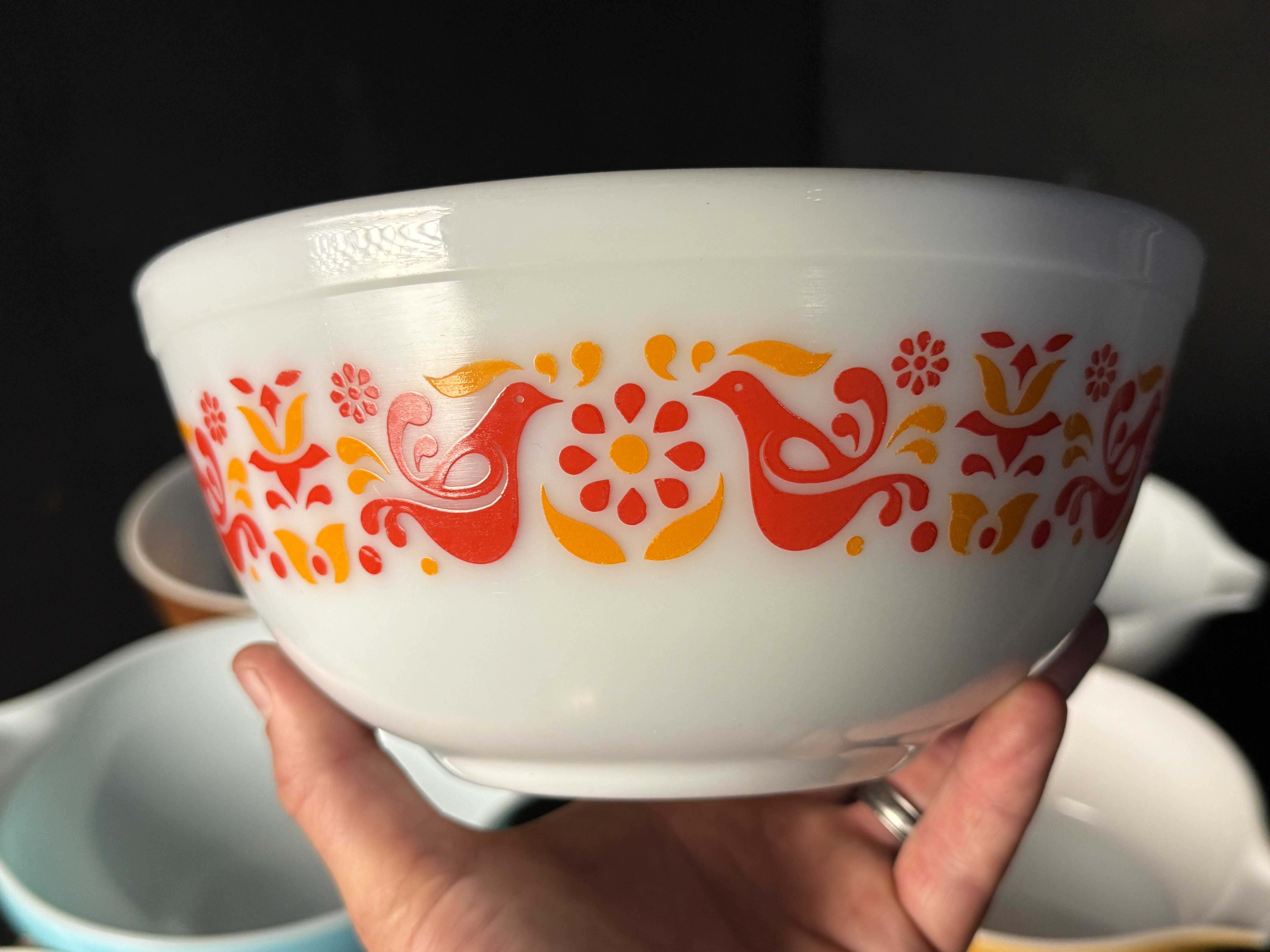 Nine Piece Collection of Vintage Pyrex Opal Glass Bowls in Friendship, Butterprint, and Butterfly Gold Patterns