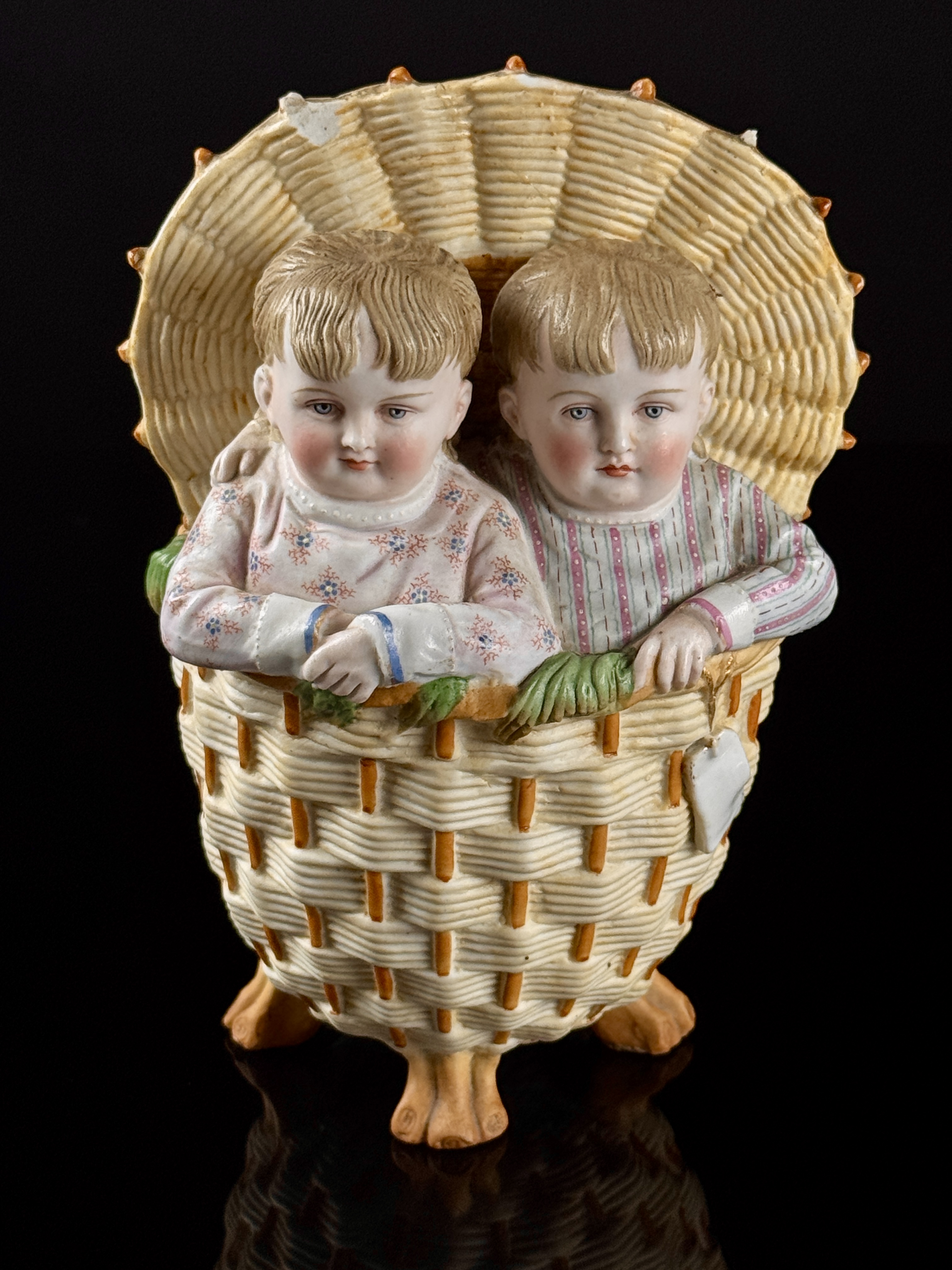 Late 19th-Century German-Style Hand-Painted Bisque Porcelain Figurine of Twins in a Hooded Basket
