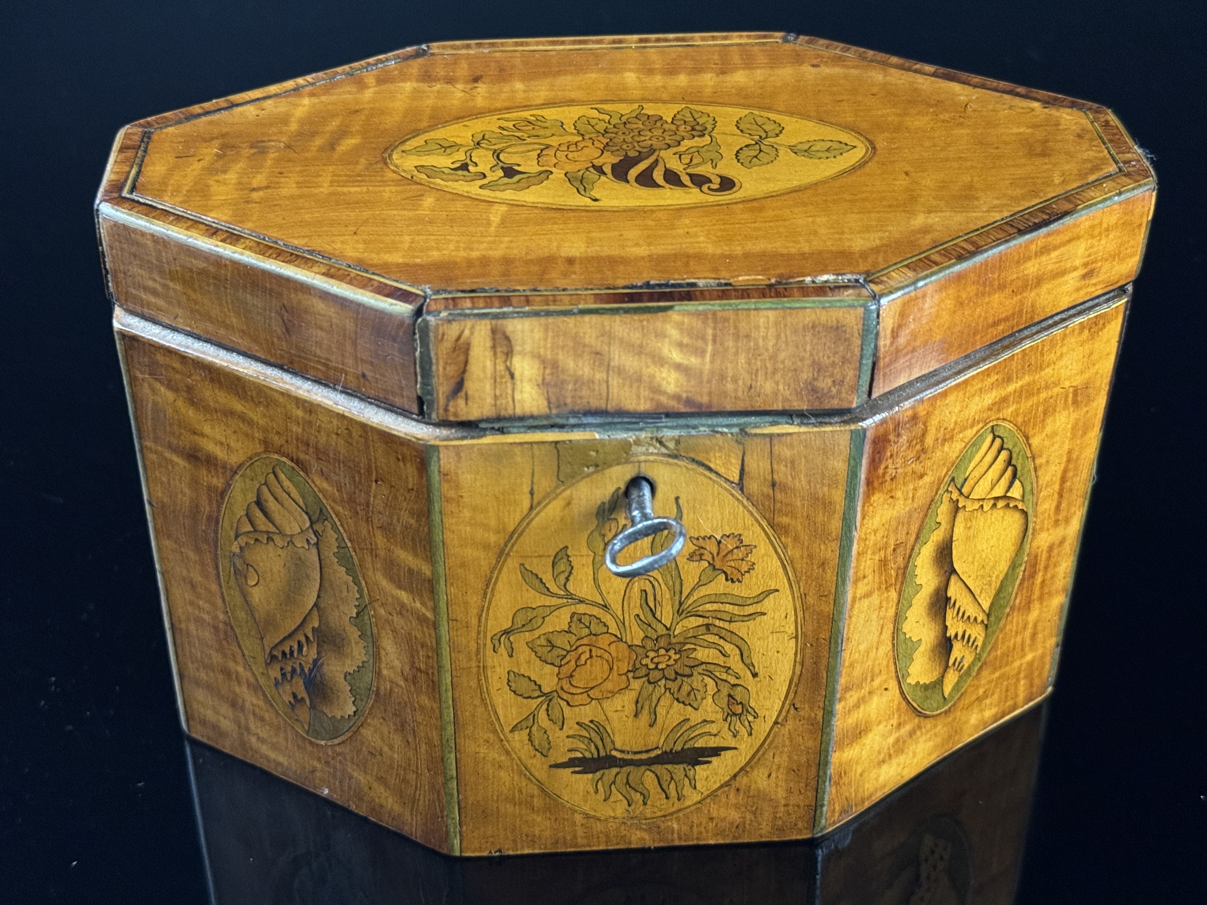 English George III Style Octagonal Satinwood Tea Caddy with Shell and Floral Marquetry