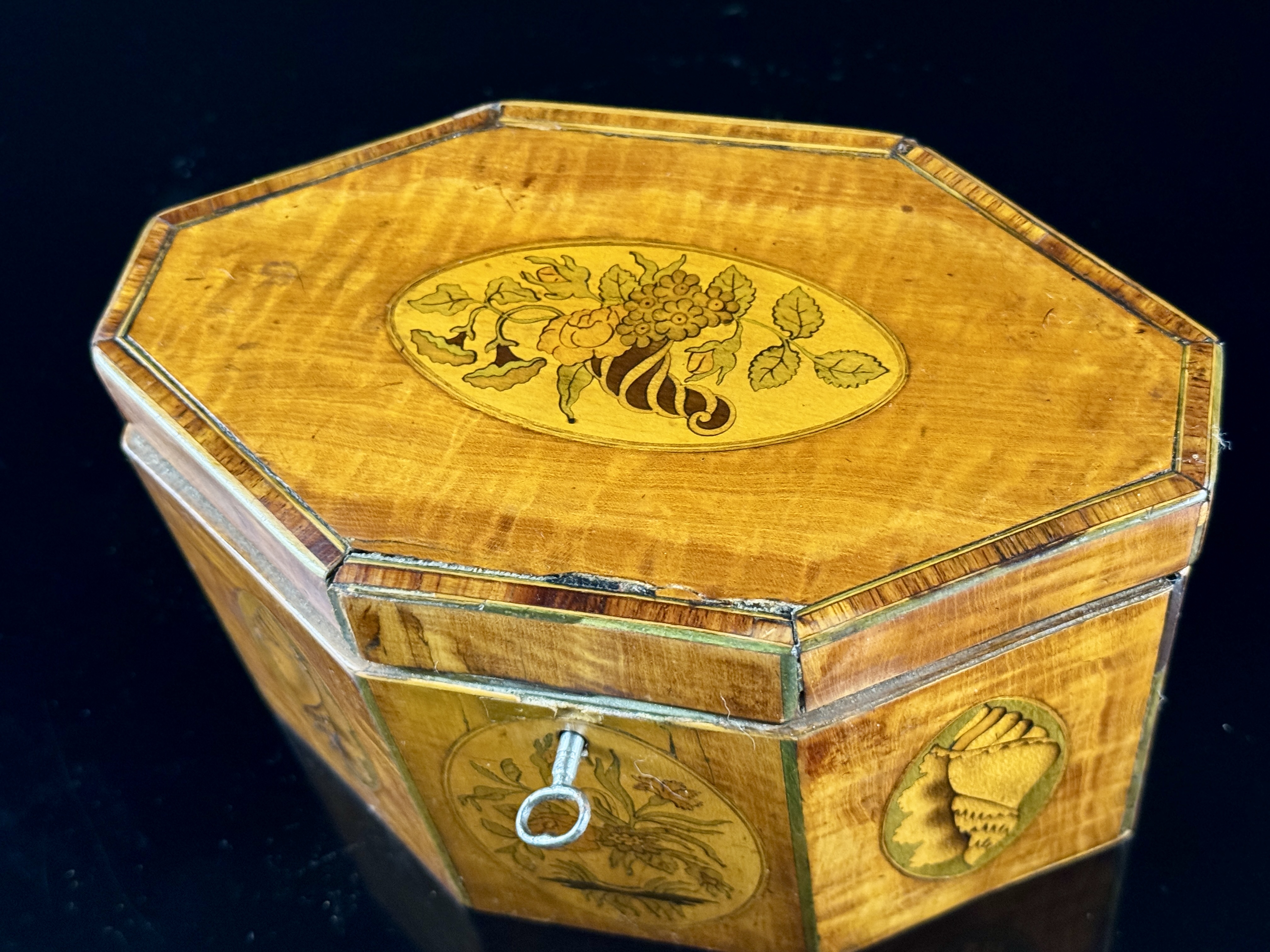 English George III Style Octagonal Satinwood Tea Caddy with Shell and Floral Marquetry