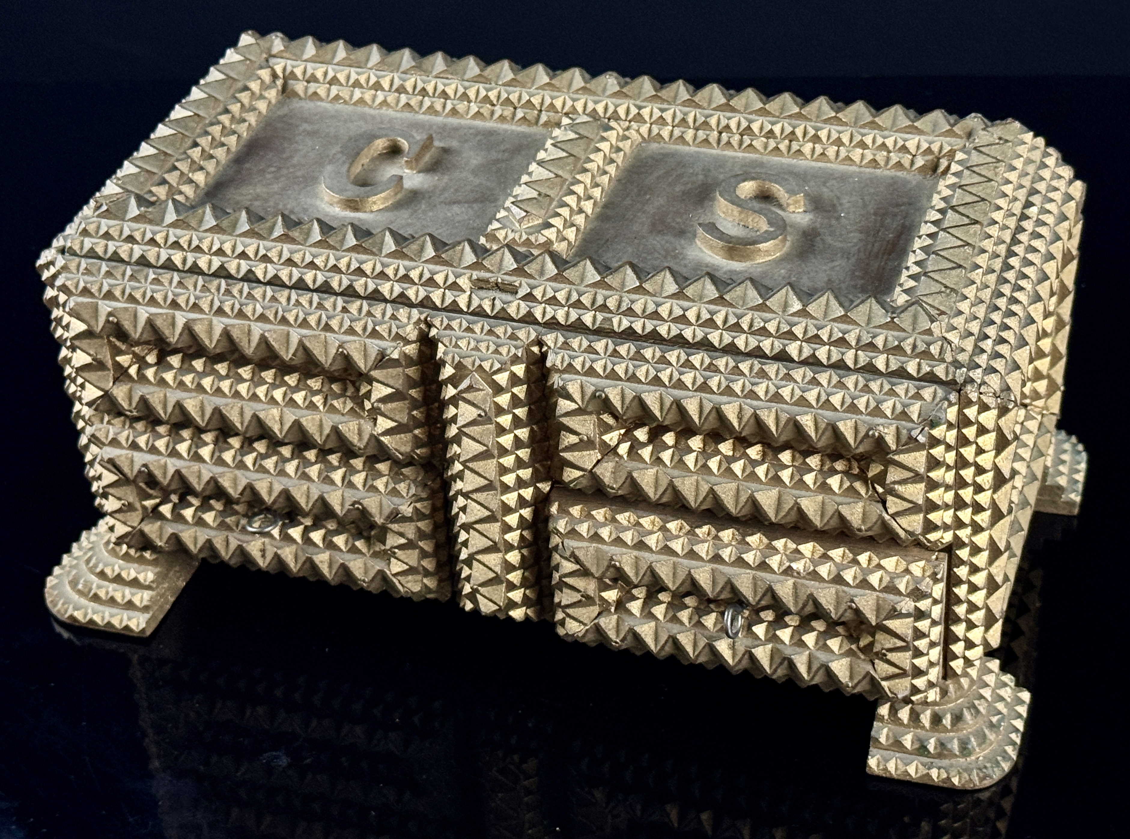 American Folk Art Tramp Art Gilt Wood Jewelry Box with Drawers