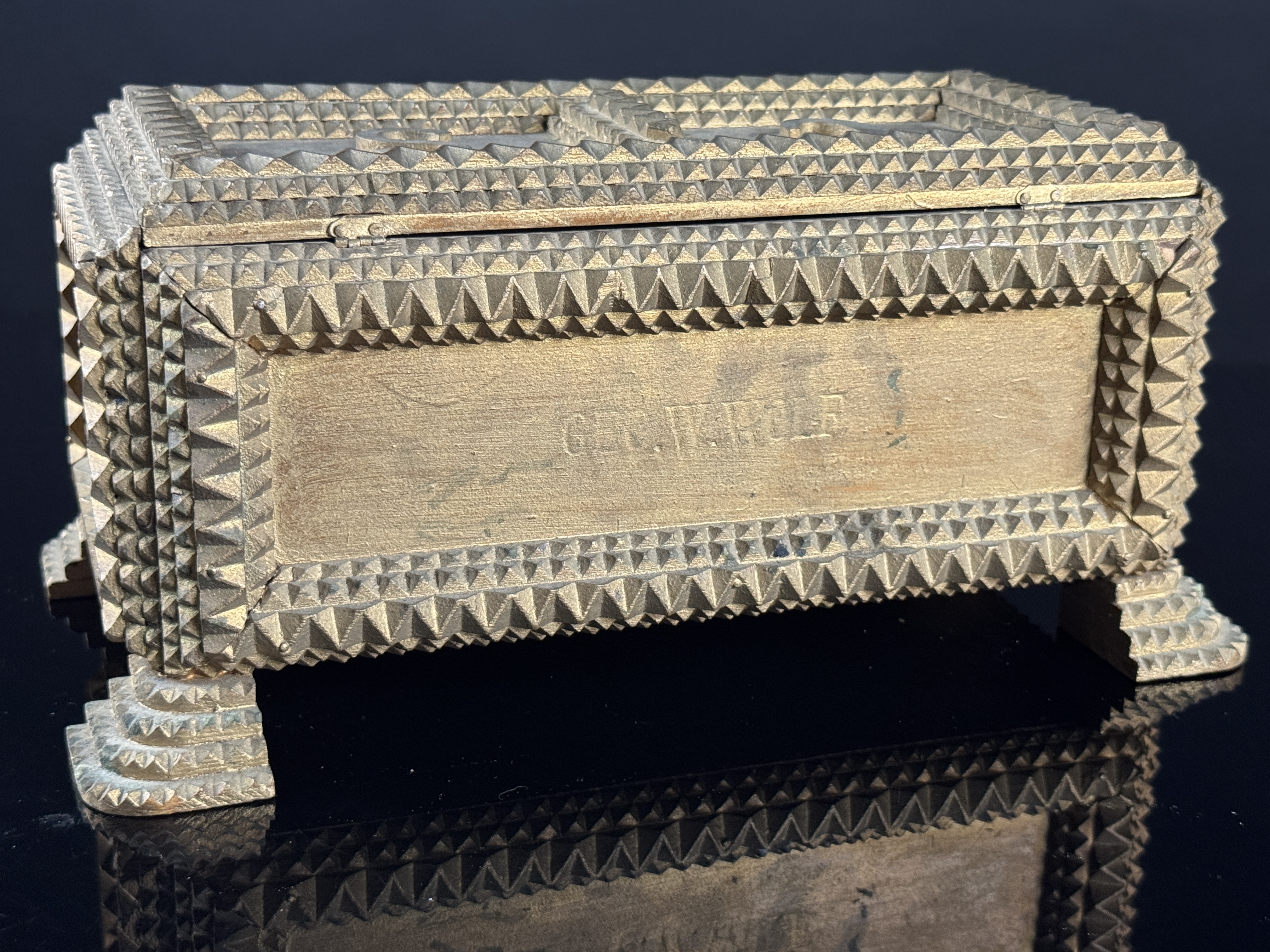 American Folk Art Tramp Art Gilt Wood Jewelry Box with Drawers