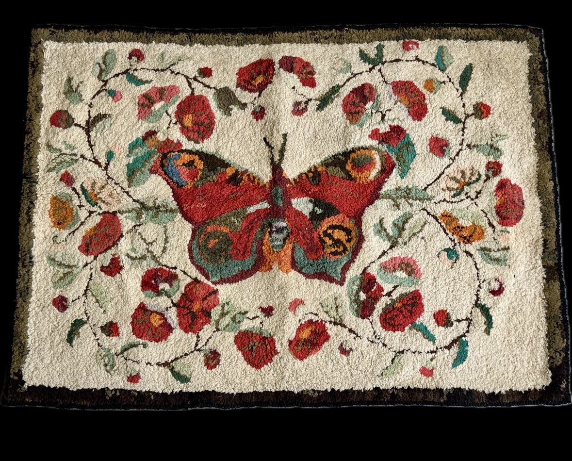 American Folk Art Hooked Wool Rug with Butterfly Motif